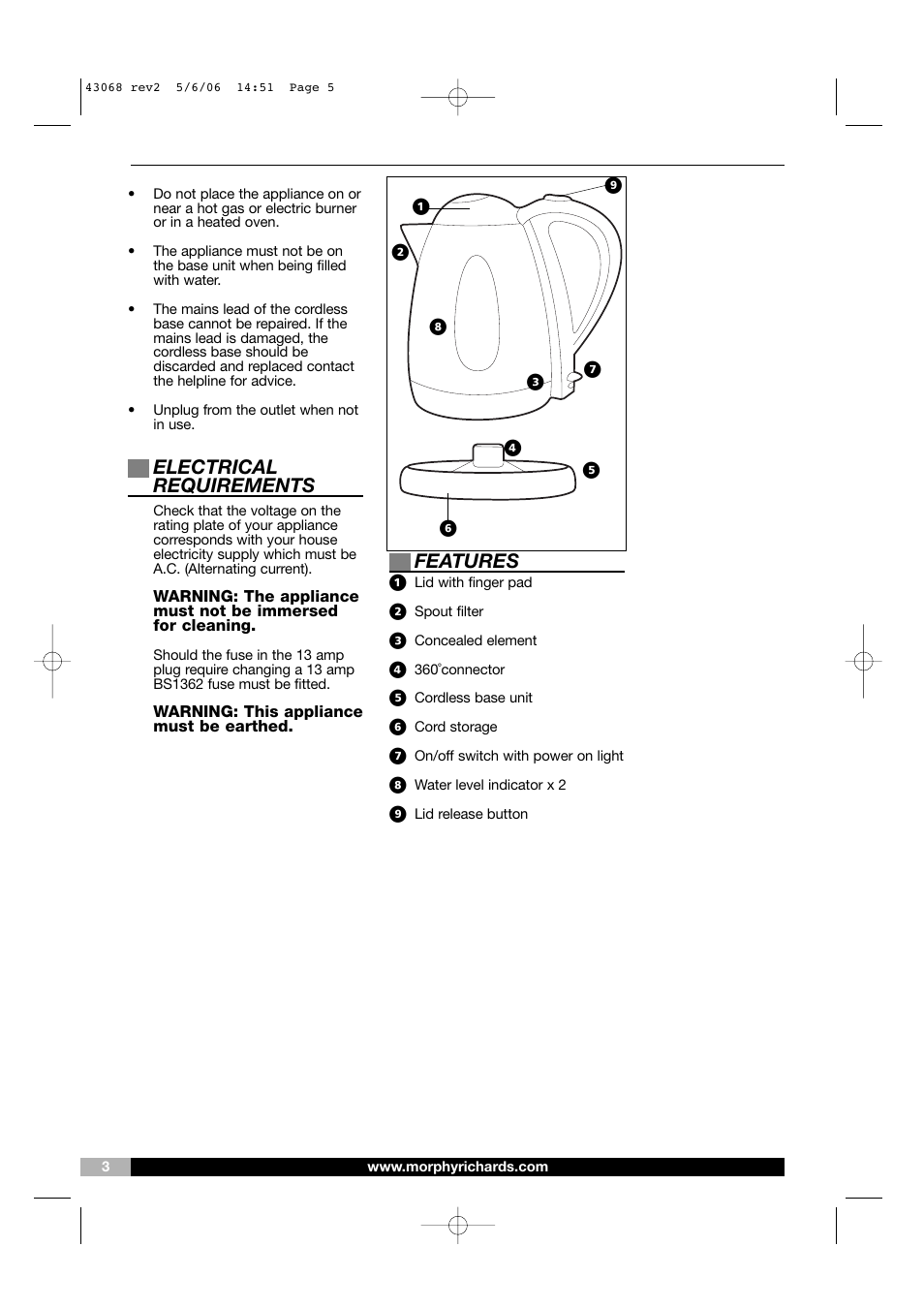 Electrical requirements, Features | Morphy Richards Hot Beverage Maker User Manual | Page 5 / 6