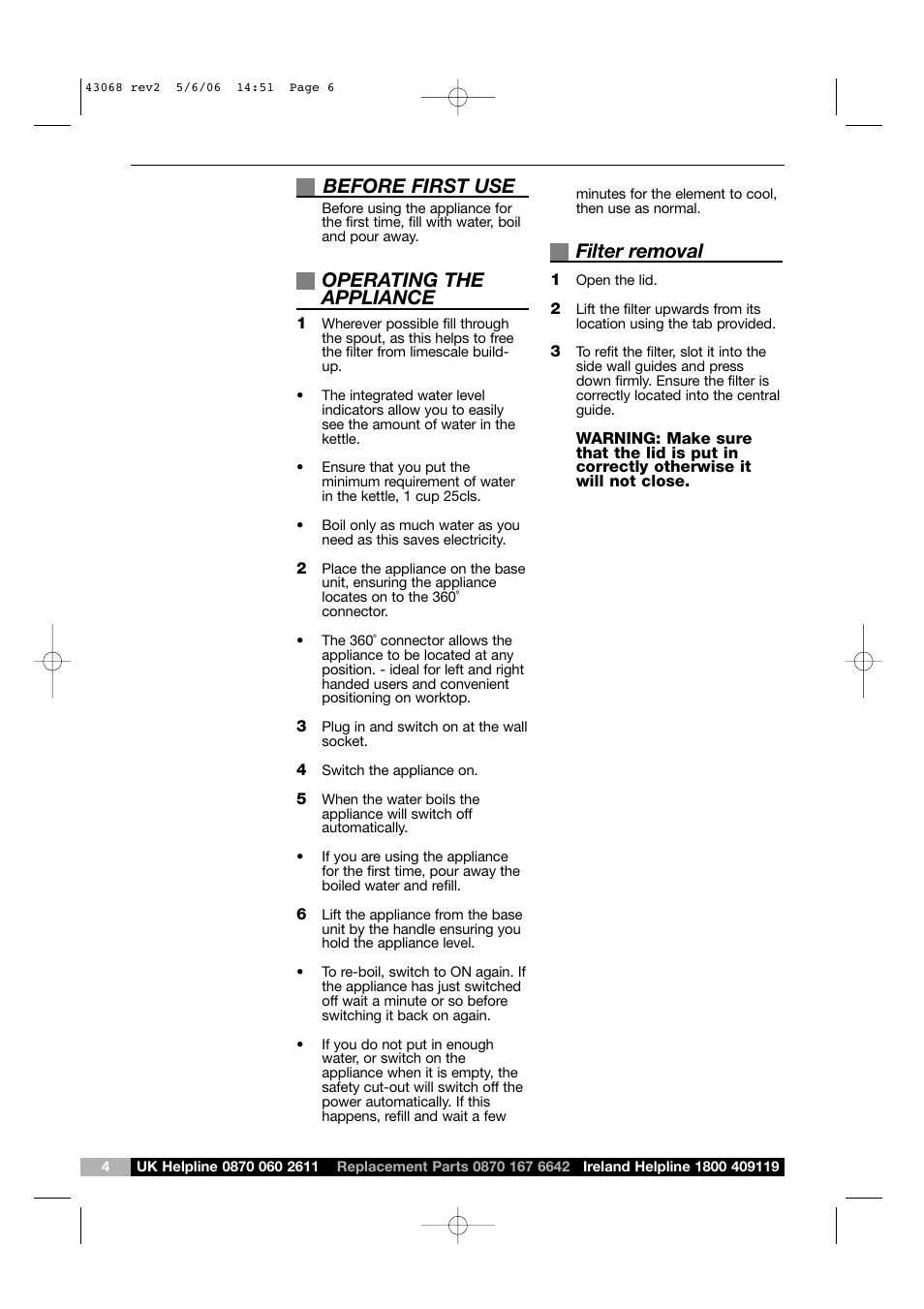 Before first use, Operating the appliance, Filter removal | Morphy Richards Hot Beverage Maker User Manual | Page 6 / 6