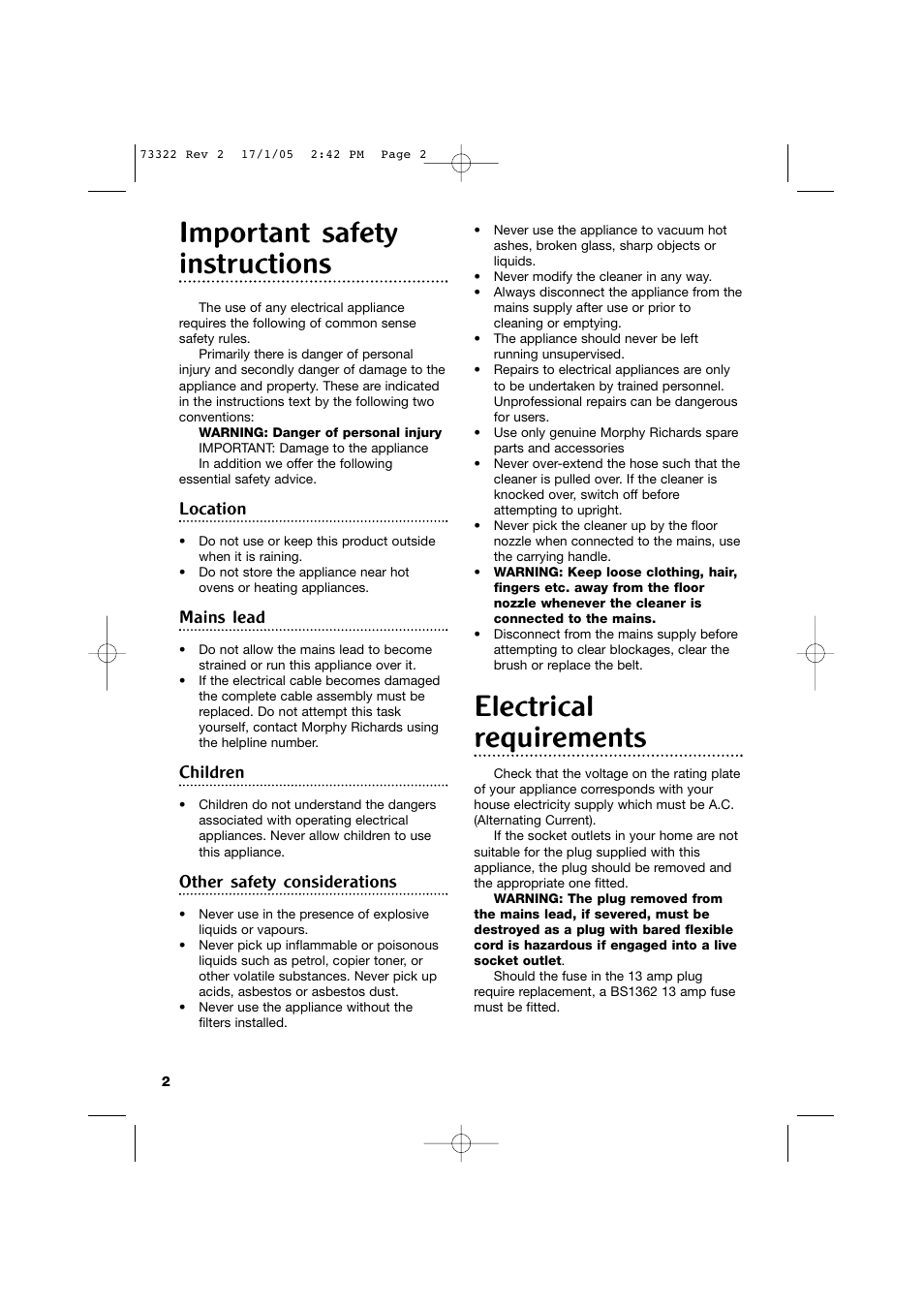 Important safety instructions, Electrical requirements, Location | Mains lead, Children, Other safety considerations | Morphy Richards Ultralight bagless vacuum cleaner User Manual | Page 2 / 8