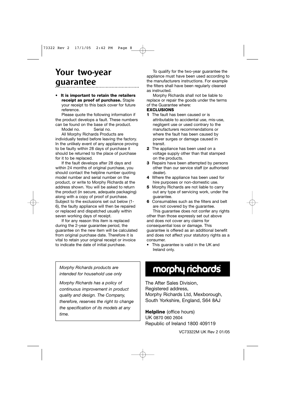Your two-year guarantee | Morphy Richards Ultralight bagless vacuum cleaner User Manual | Page 8 / 8