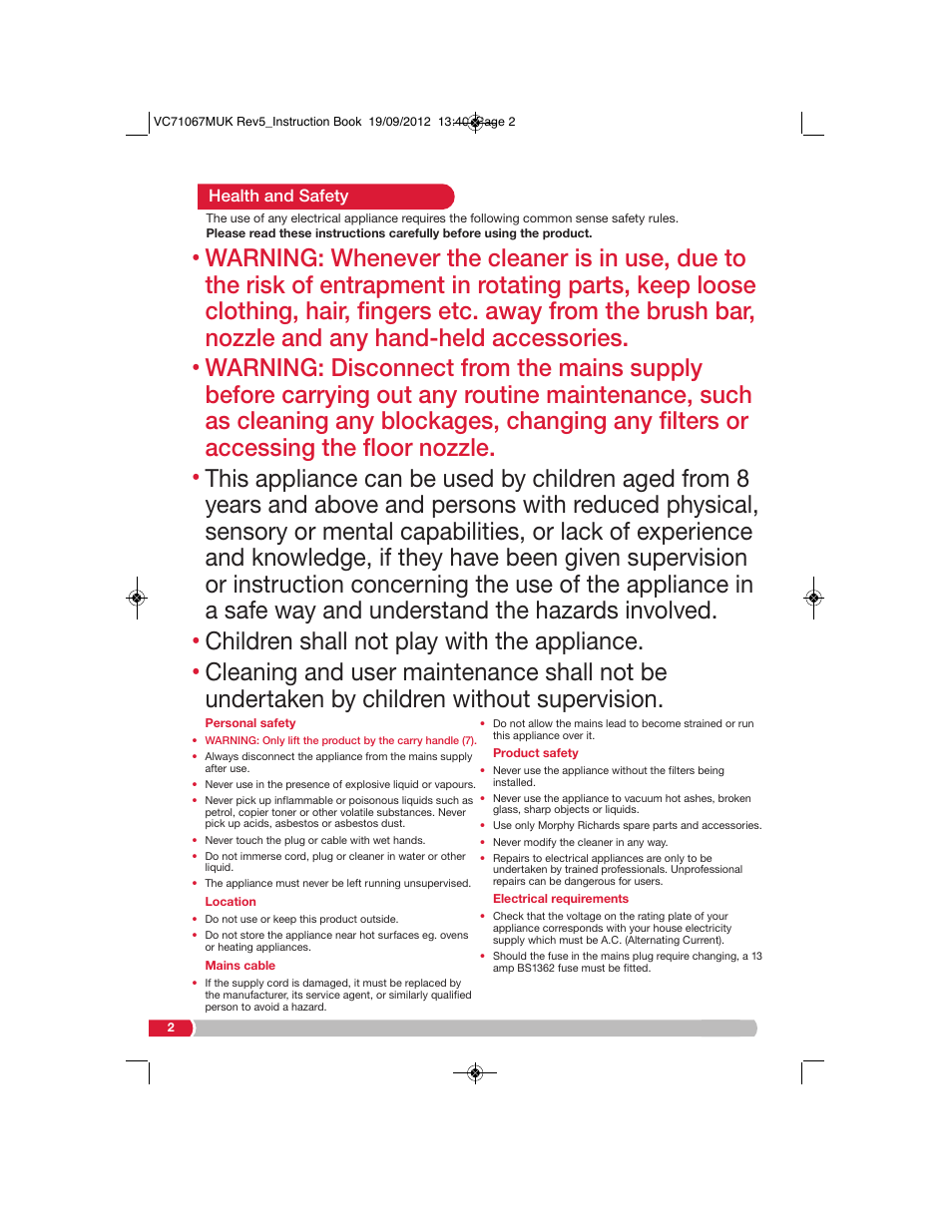 Children shall not play with the appliance, Health and safety | Morphy Richards VC71067 User Manual | Page 2 / 8