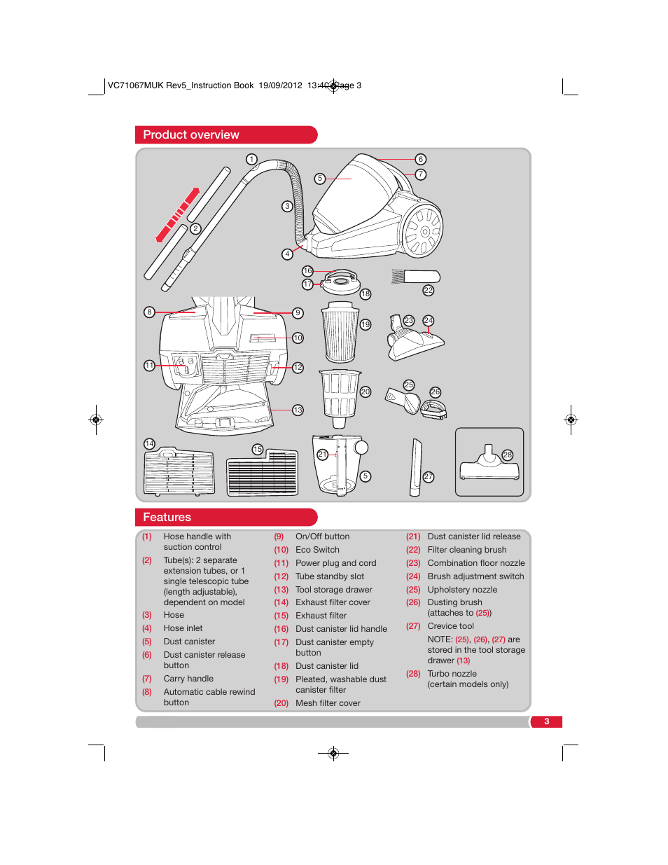 Features, Product overview | Morphy Richards VC71067 User Manual | Page 3 / 8