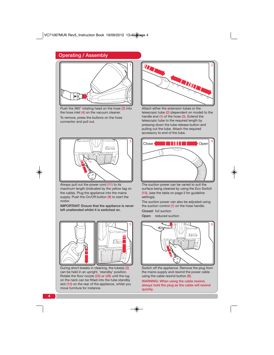 Operating / assembly | Morphy Richards VC71067 User Manual | Page 4 / 8