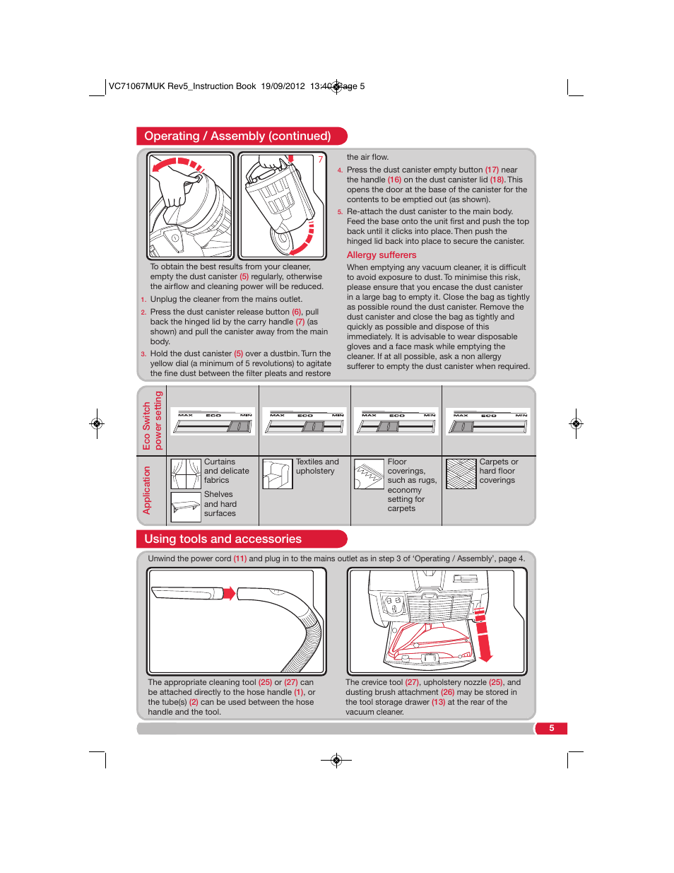 Operating / assembly (continued), Using tools and accessories | Morphy Richards VC71067 User Manual | Page 5 / 8