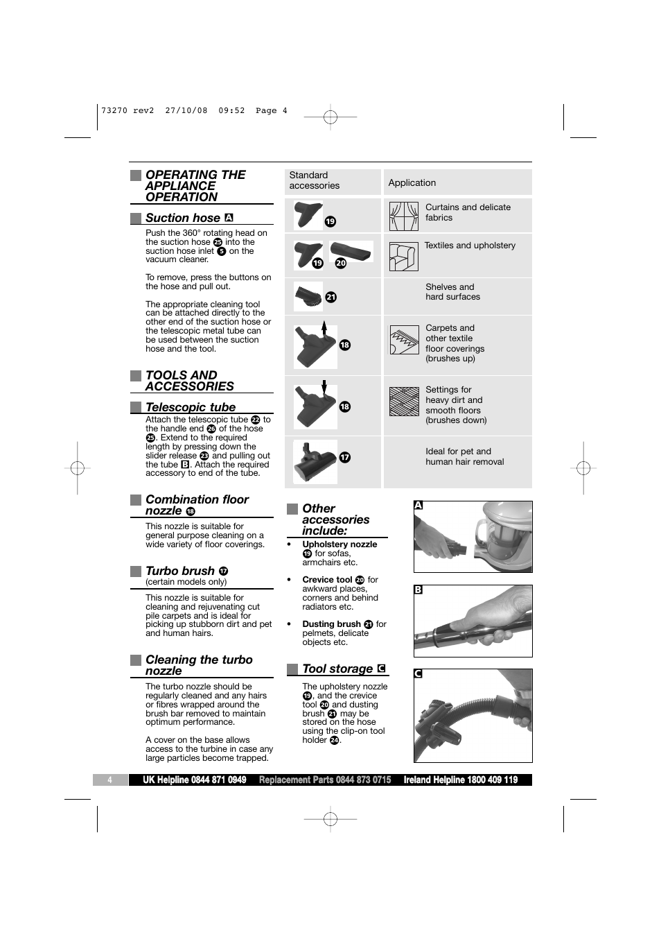 Operating the appliance operation suction hose, Tools and accessories telescopic tube, Combination floor nozzle | Turbo brush, Cleaning the turbo nozzle, Other accessories include, Tool storage | Morphy Richards 73270 User Manual | Page 4 / 8