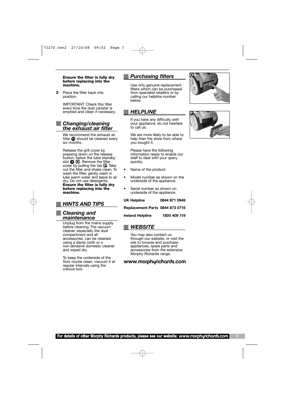 Changing/cleaning the exhaust air filter, Hints and tips cleaning and maintenance, Purchasing filters | Helpline, Website | Morphy Richards 73270 User Manual | Page 7 / 8