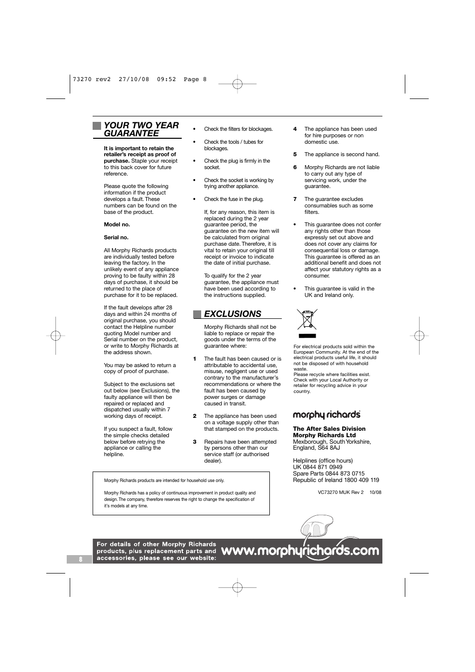Your two year guarantee, Exclusions | Morphy Richards 73270 User Manual | Page 8 / 8