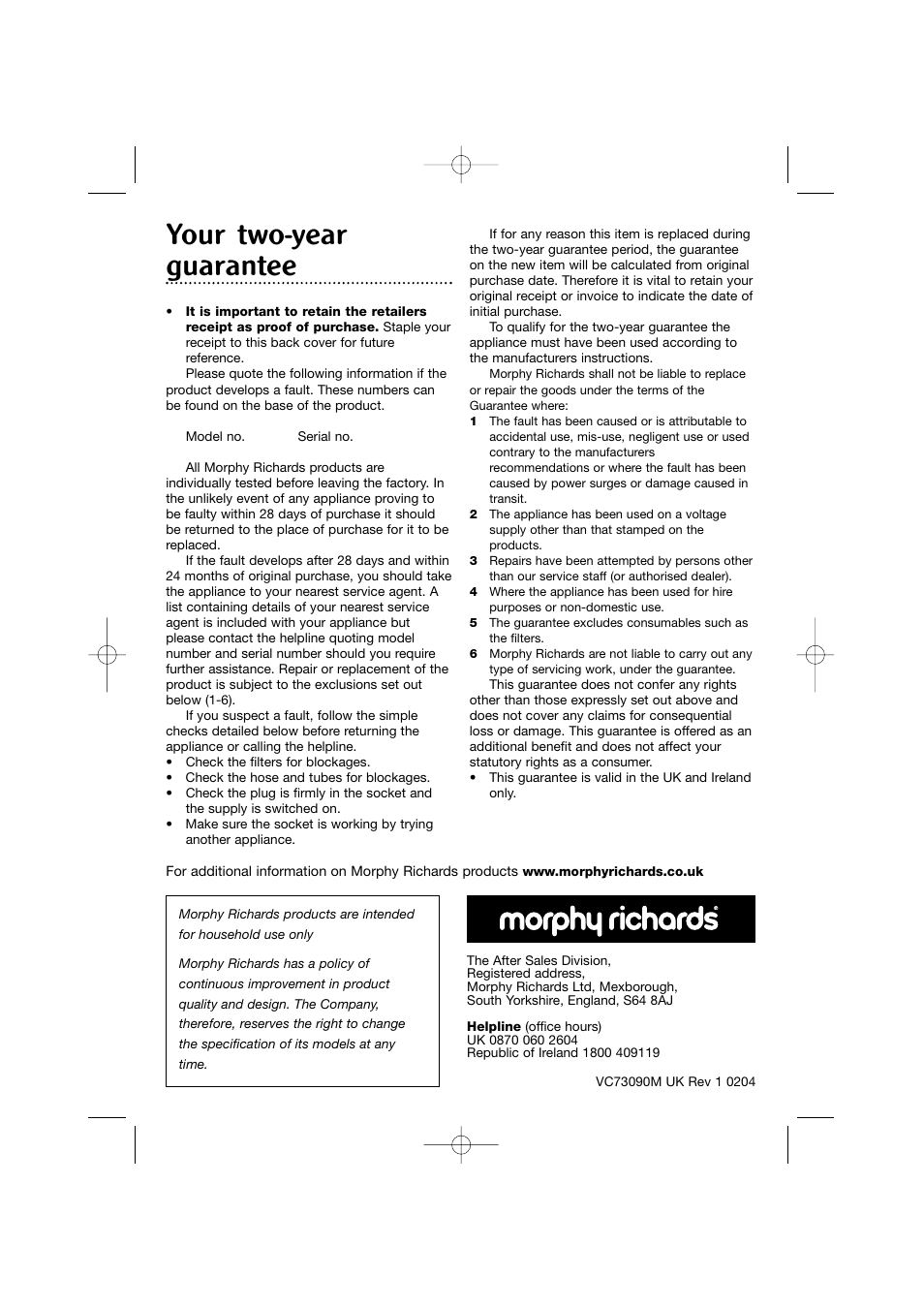 Your two-year guarantee | Morphy Richards Pod vacuum cleaner User Manual | Page 8 / 8