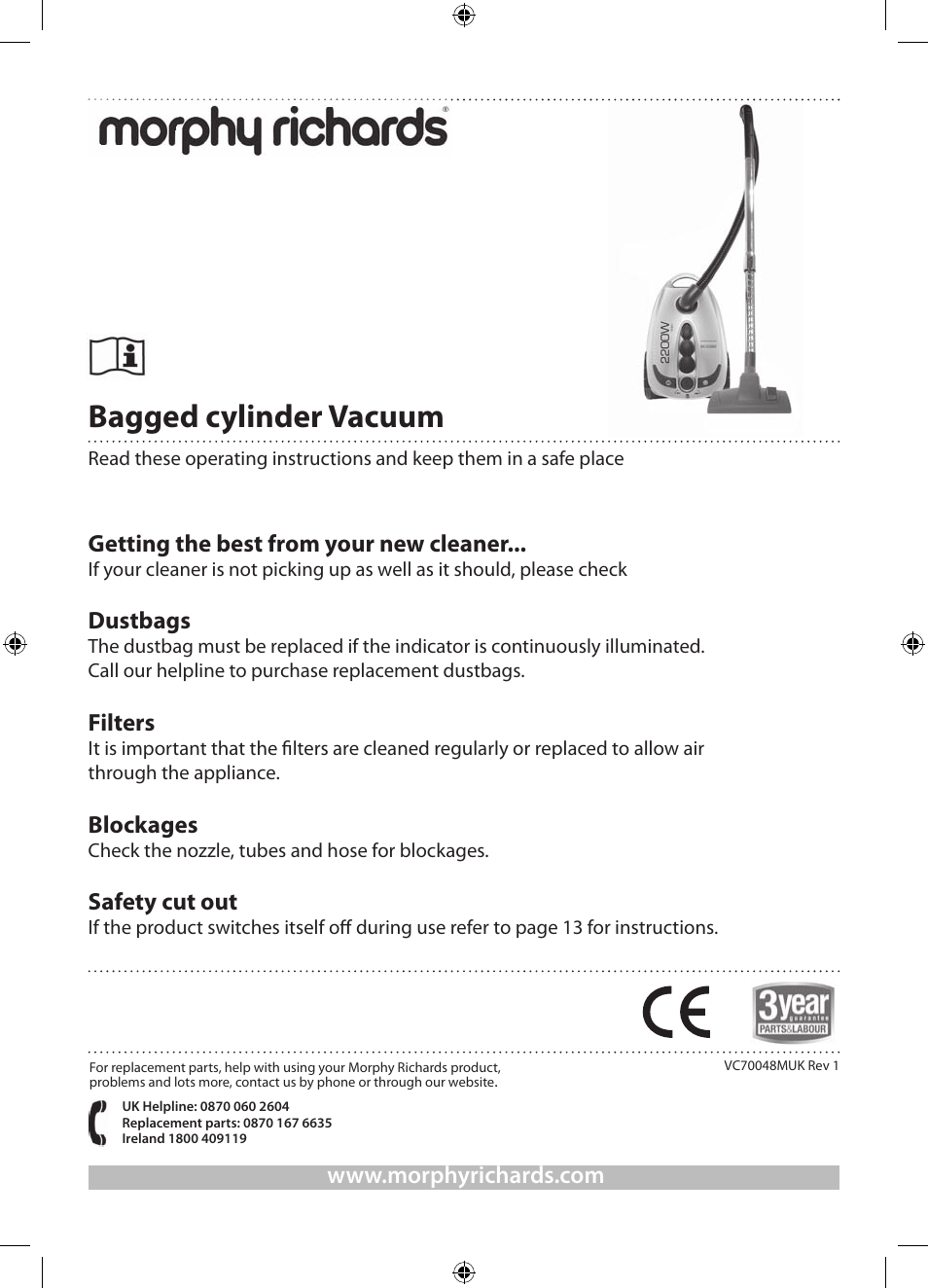 Morphy Richards Bagged cylinder Vacuum User Manual | 13 pages