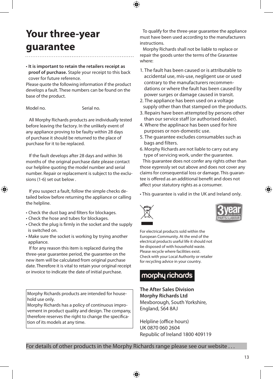 Your three-year guarantee | Morphy Richards Bagged cylinder Vacuum User Manual | Page 13 / 13