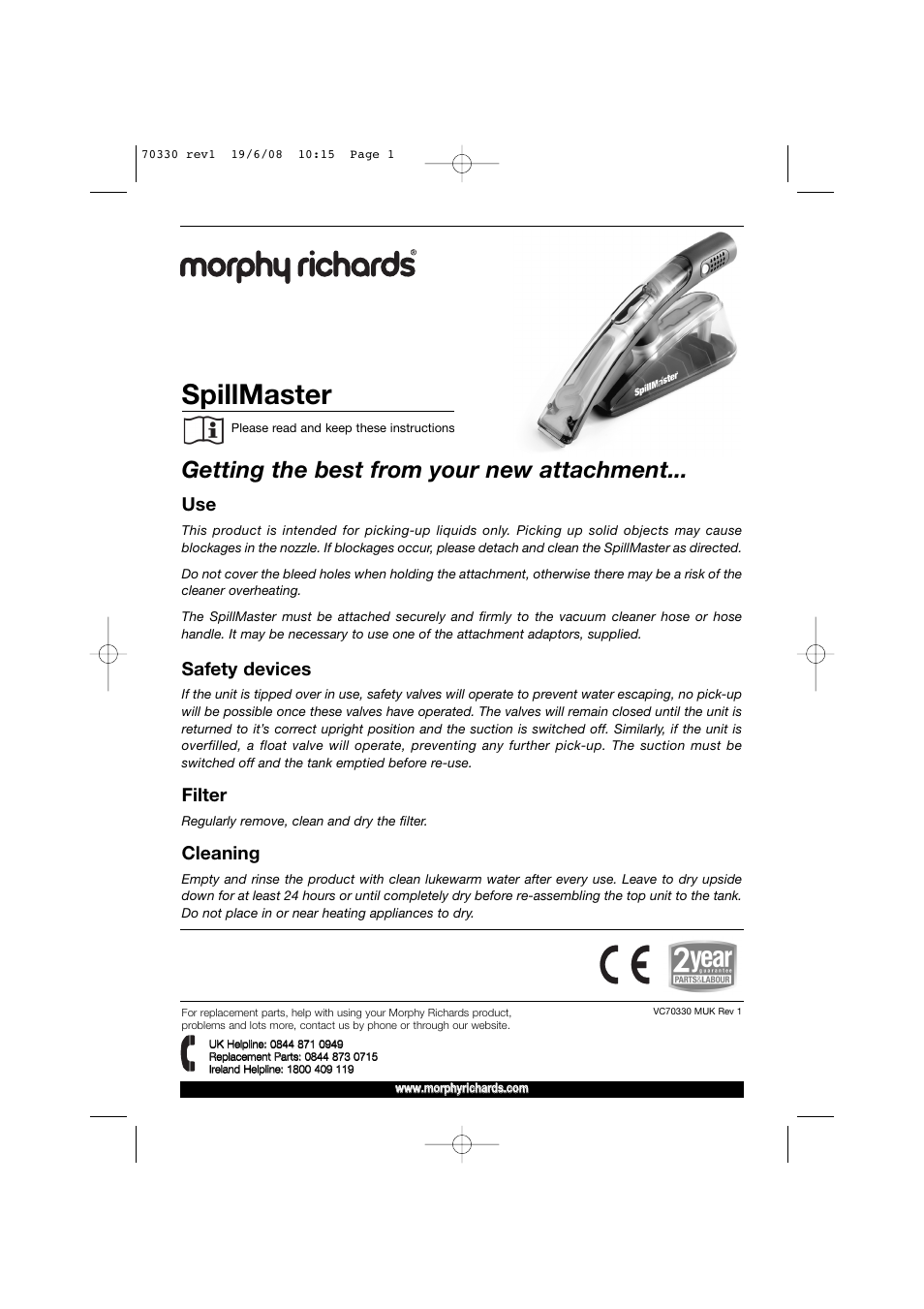 Morphy Richards SpillMaster User Manual | 8 pages