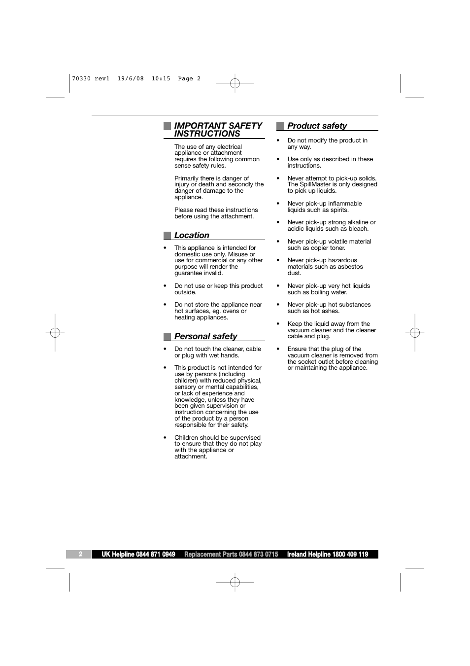 Important safety instructions, Location, Personal safety | Product safety | Morphy Richards SpillMaster User Manual | Page 2 / 8