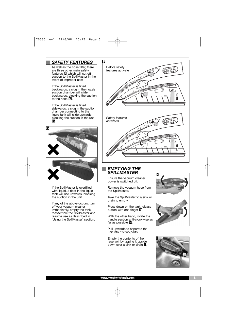 Safety features, Emptying the spillmaster | Morphy Richards SpillMaster User Manual | Page 5 / 8