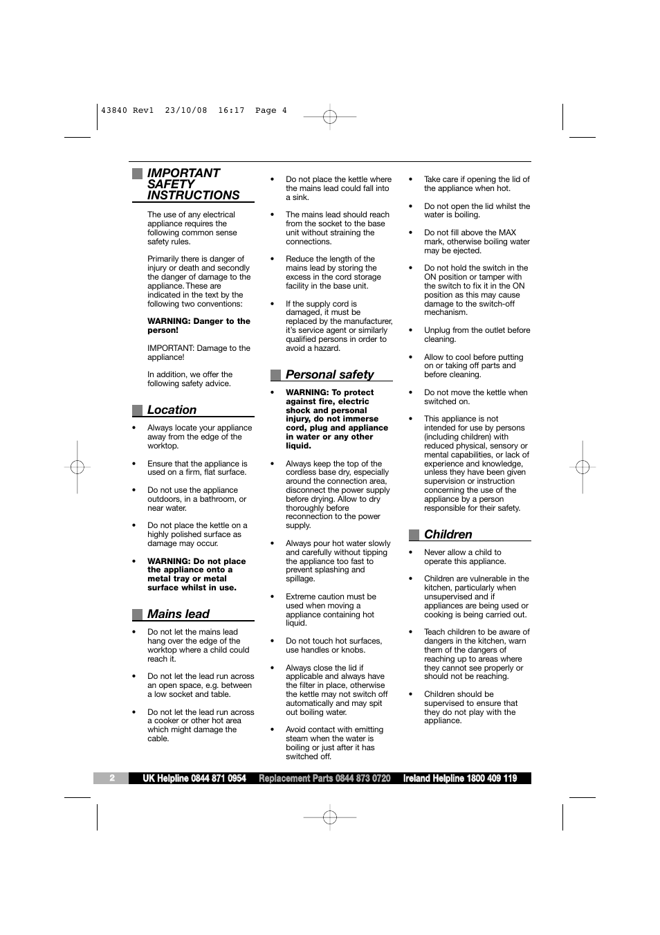 Important safety instructions, Location, Mains lead | Personal safety, Children | Morphy Richards 0844 873 0720 User Manual | Page 4 / 6