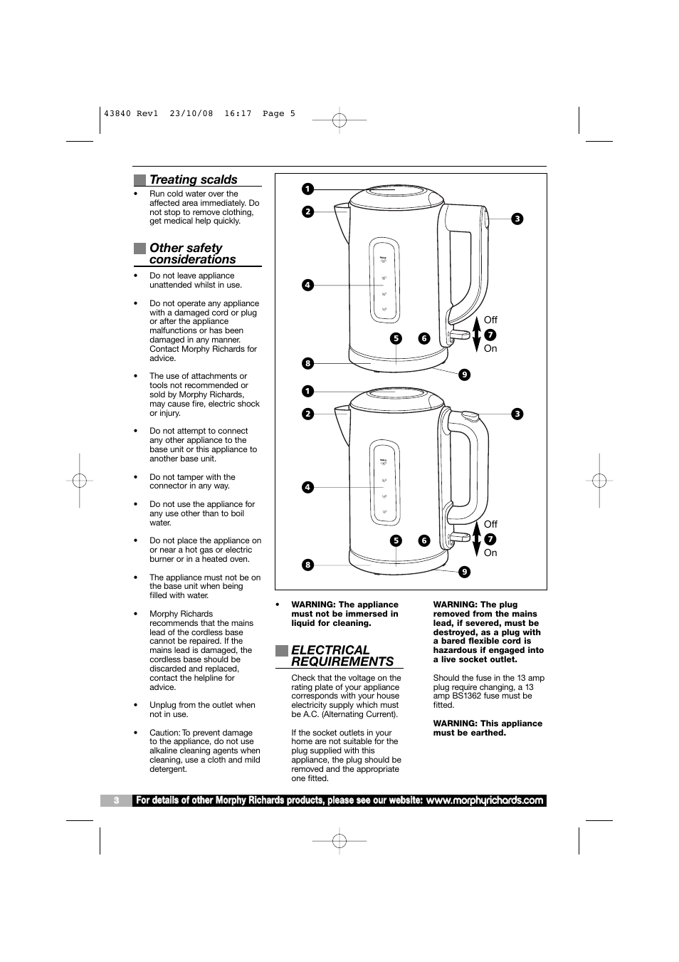Treating scalds, Other safety considerations, Electrical requirements | Morphy Richards 0844 873 0720 User Manual | Page 5 / 6