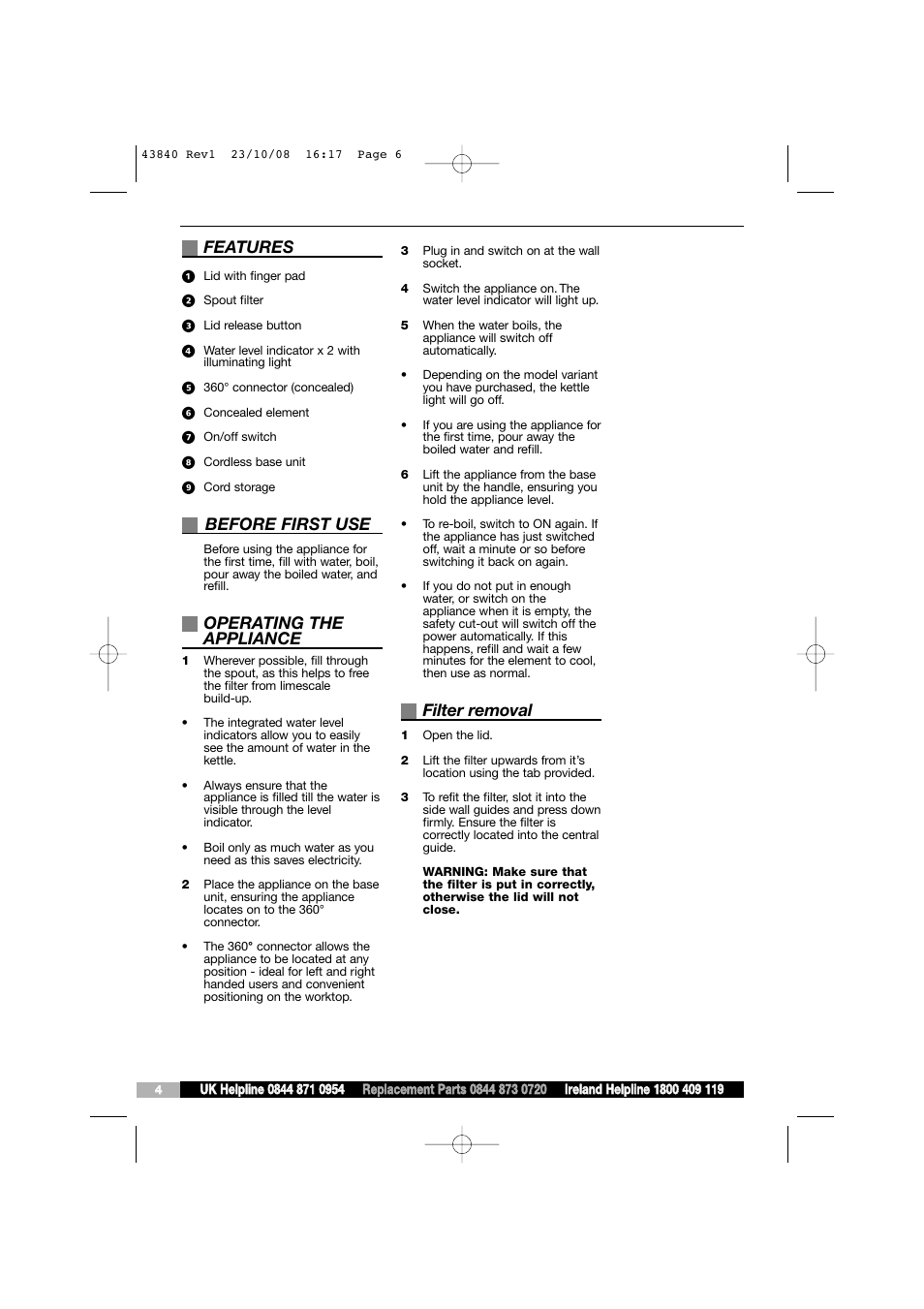Features, Before first use, Operating the appliance | Filter removal | Morphy Richards 0844 873 0720 User Manual | Page 6 / 6