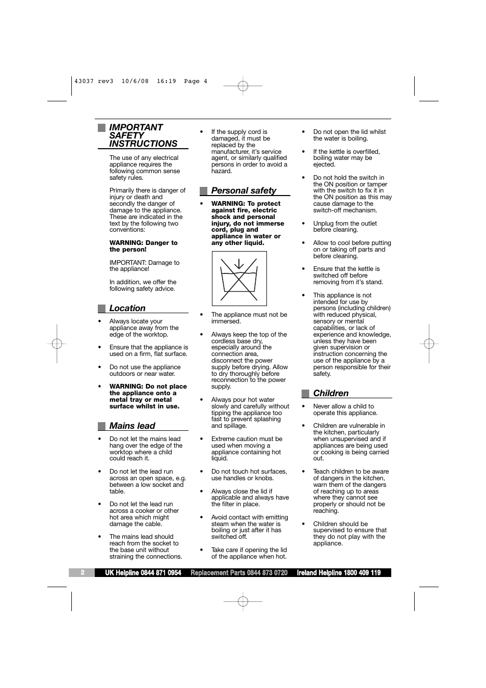 Important safety instructions, Location, Mains lead | Personal safety, Children | Morphy Richards 43037 User Manual | Page 4 / 6