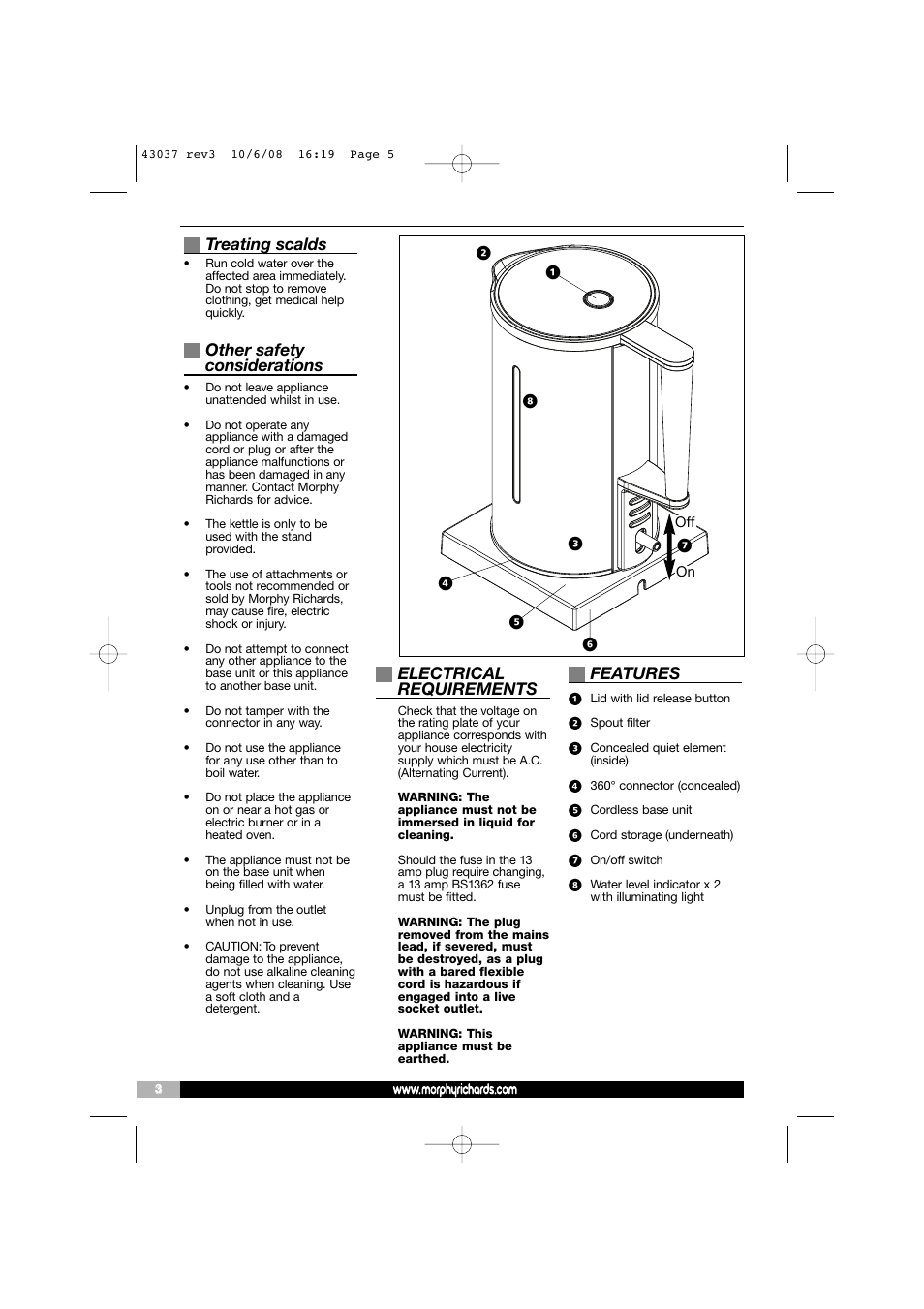 Treating scalds, Other safety considerations, Electrical requirements | Features | Morphy Richards 43037 User Manual | Page 5 / 6