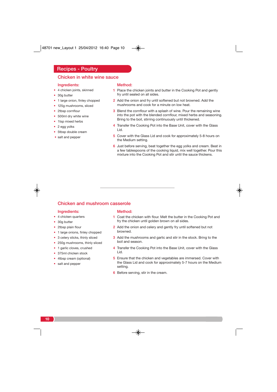 Recipes - poultry, Chicken in white wine sauce, Chicken and mushroom casserole | Morphy Richards SC48701 User Manual | Page 10 / 24