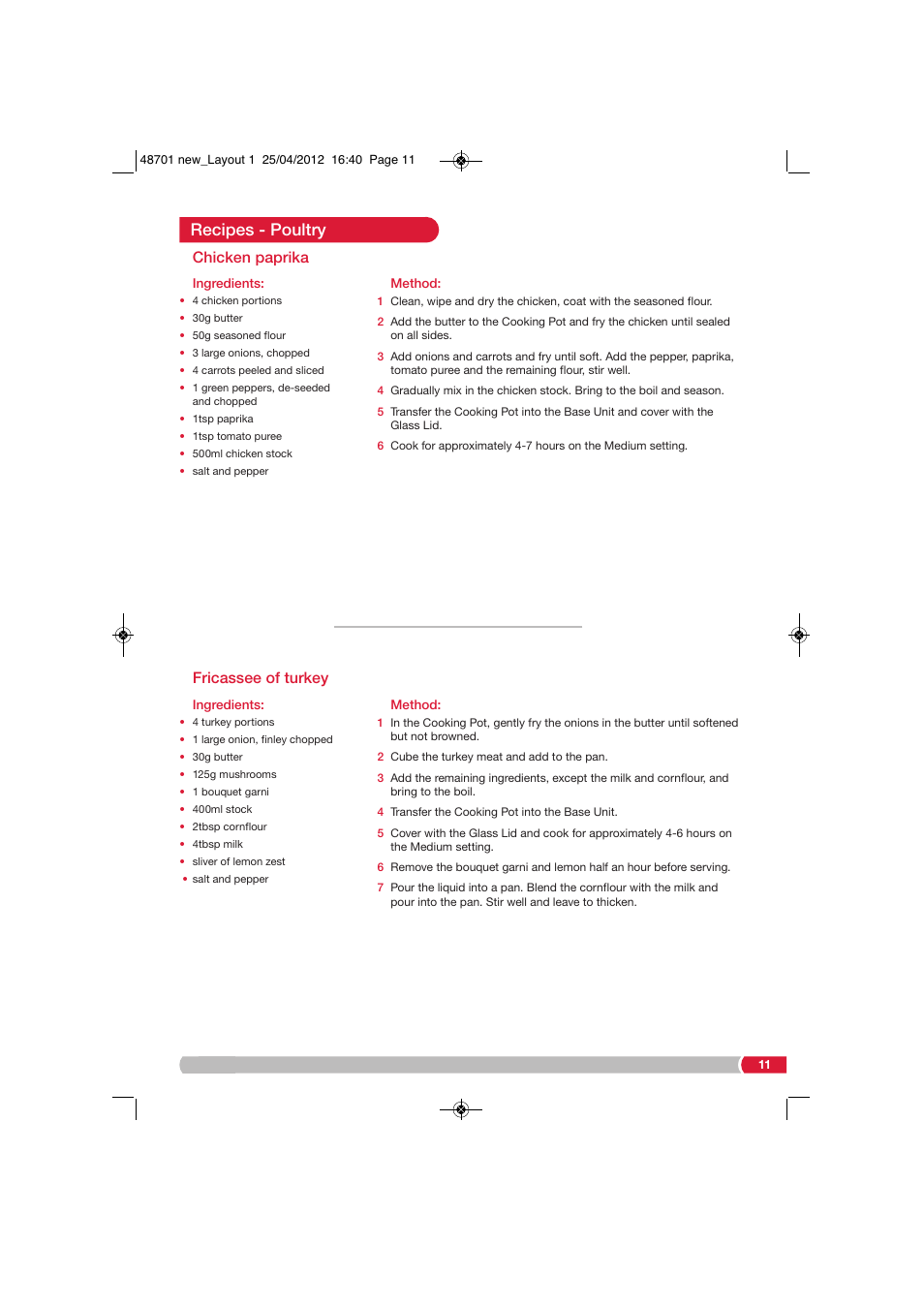 Recipes - poultry, Fricassee of turkey, Chicken paprika | Morphy Richards SC48701 User Manual | Page 11 / 24