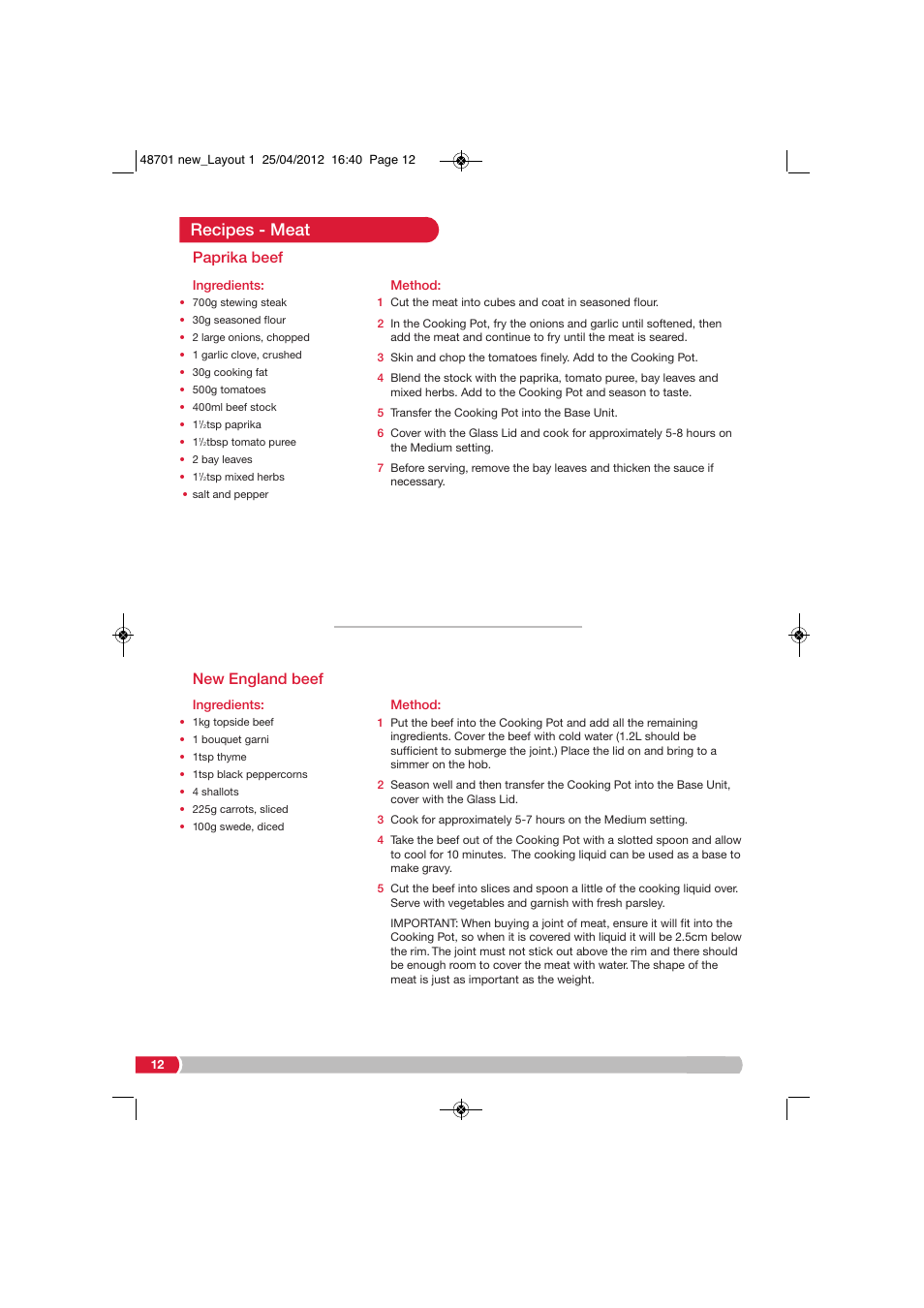Recipes - meat, Paprika beef, New england beef | Morphy Richards SC48701 User Manual | Page 12 / 24