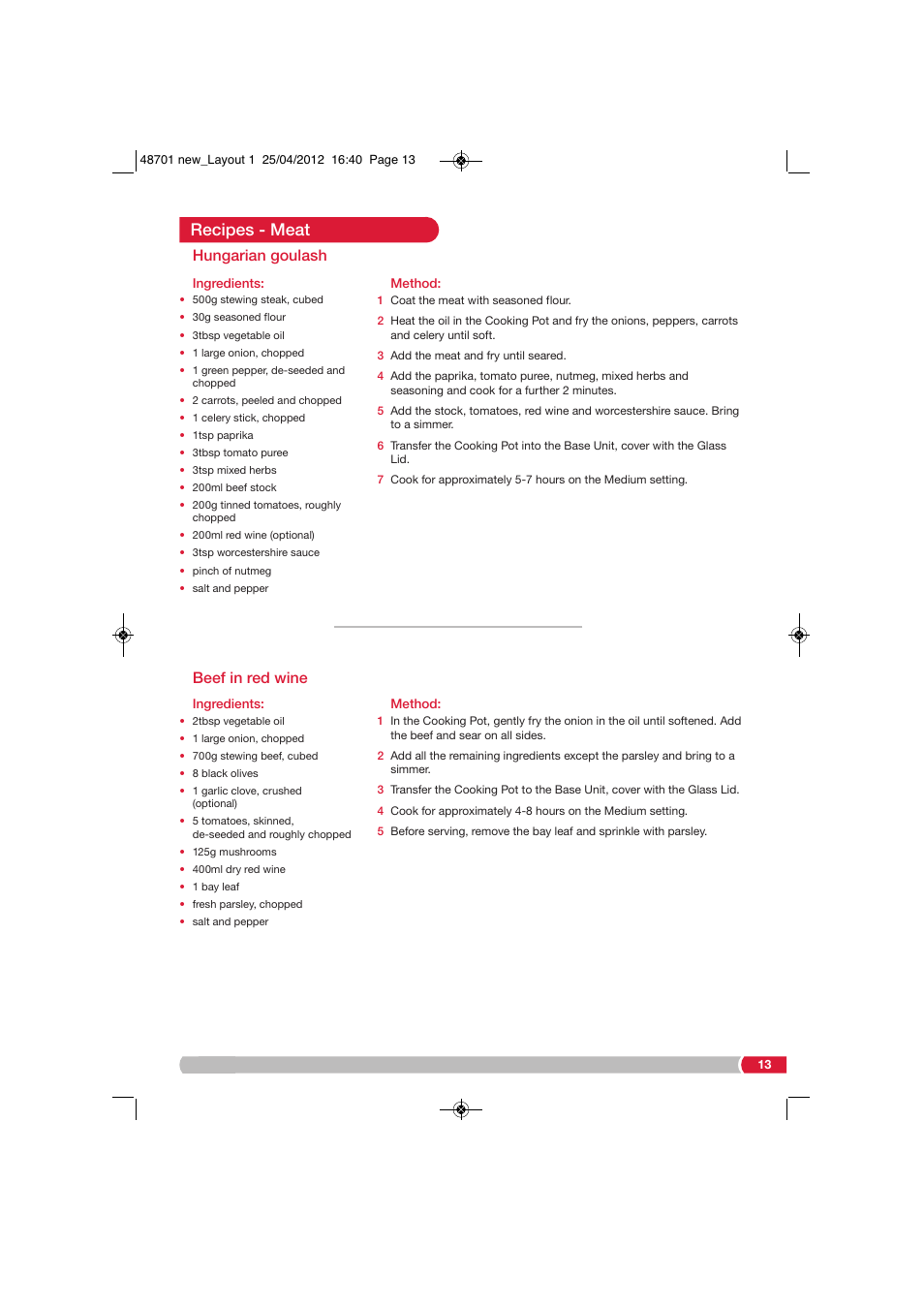 Recipes - meat, Hungarian goulash, Beef in red wine | Morphy Richards SC48701 User Manual | Page 13 / 24