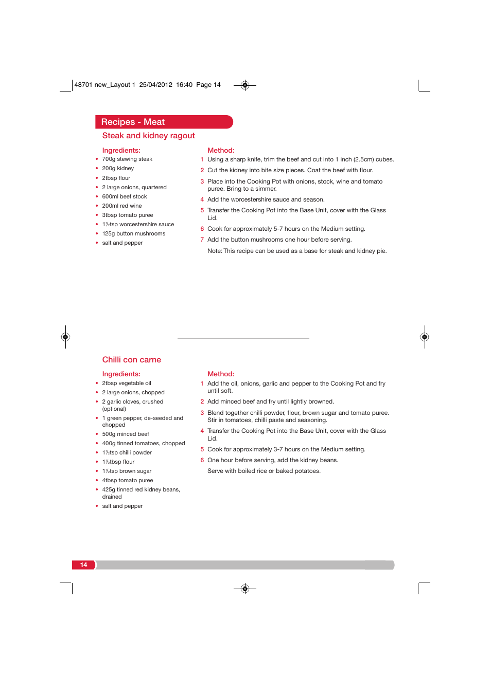 Recipes - meat, Chilli con carne, Steak and kidney ragout | Morphy Richards SC48701 User Manual | Page 14 / 24