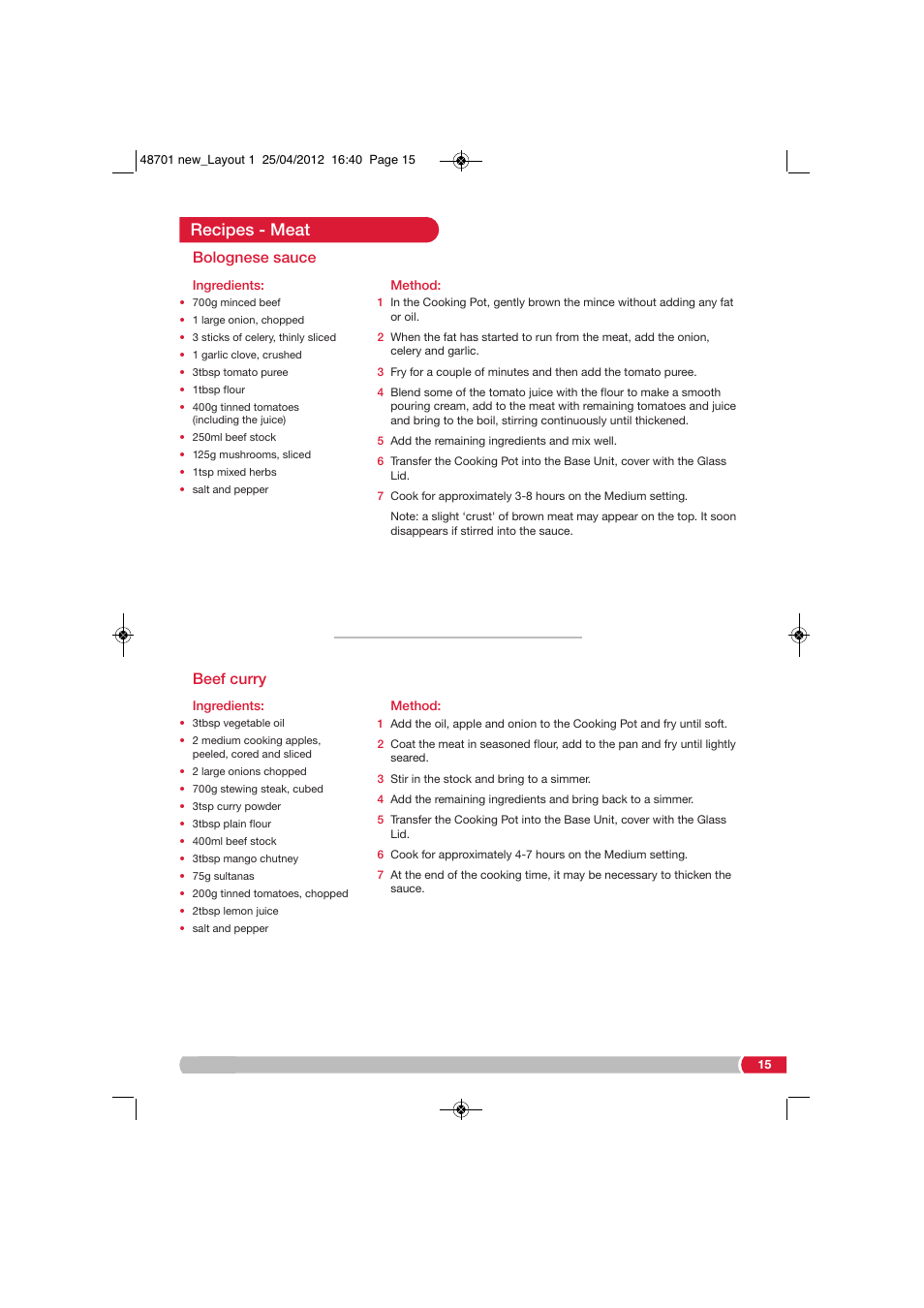 Recipes - meat, Bolognese sauce, Beef curry | Morphy Richards SC48701 User Manual | Page 15 / 24