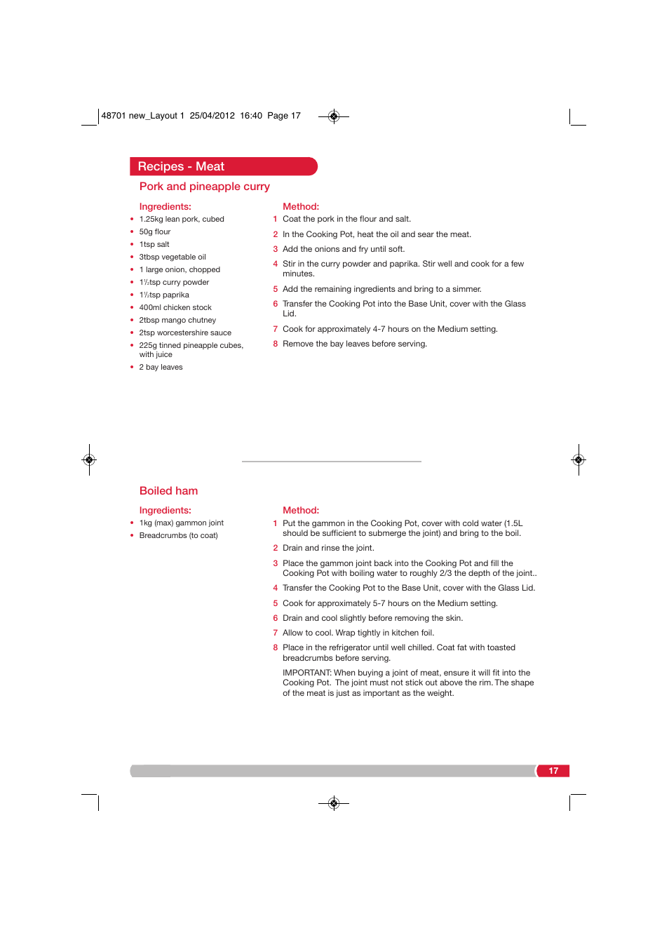Recipes - meat, Boiled ham, Pork and pineapple curry | Morphy Richards SC48701 User Manual | Page 17 / 24