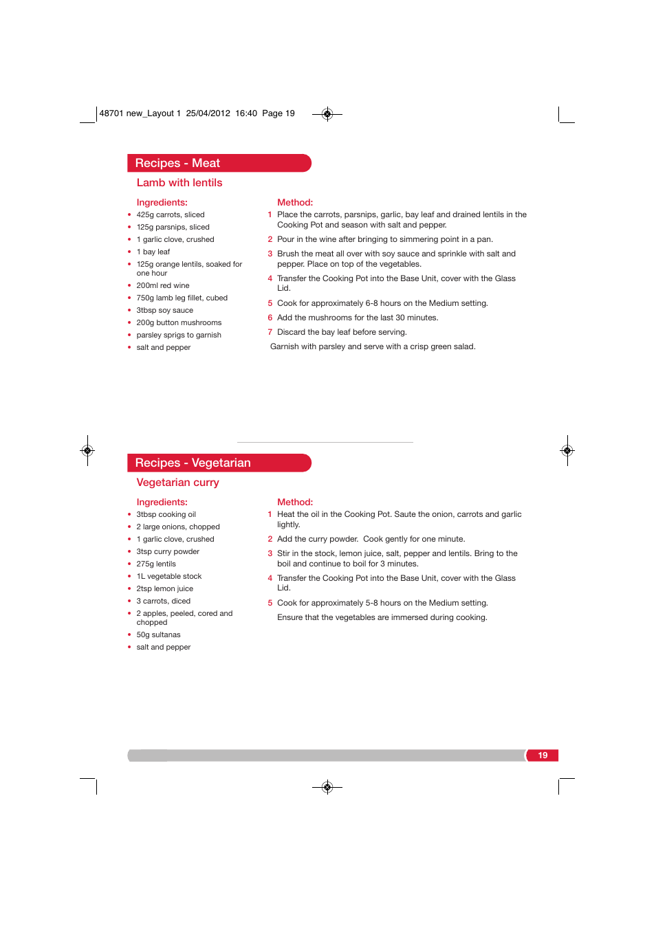 Recipes - vegetarian, Recipes - meat, Vegetarian curry | Lamb with lentils | Morphy Richards SC48701 User Manual | Page 19 / 24