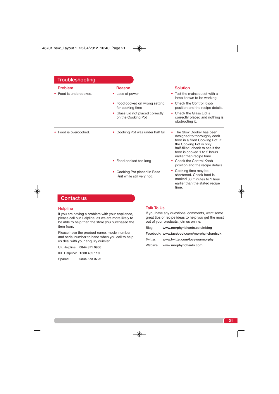 Troubleshooting, Contact us | Morphy Richards SC48701 User Manual | Page 21 / 24