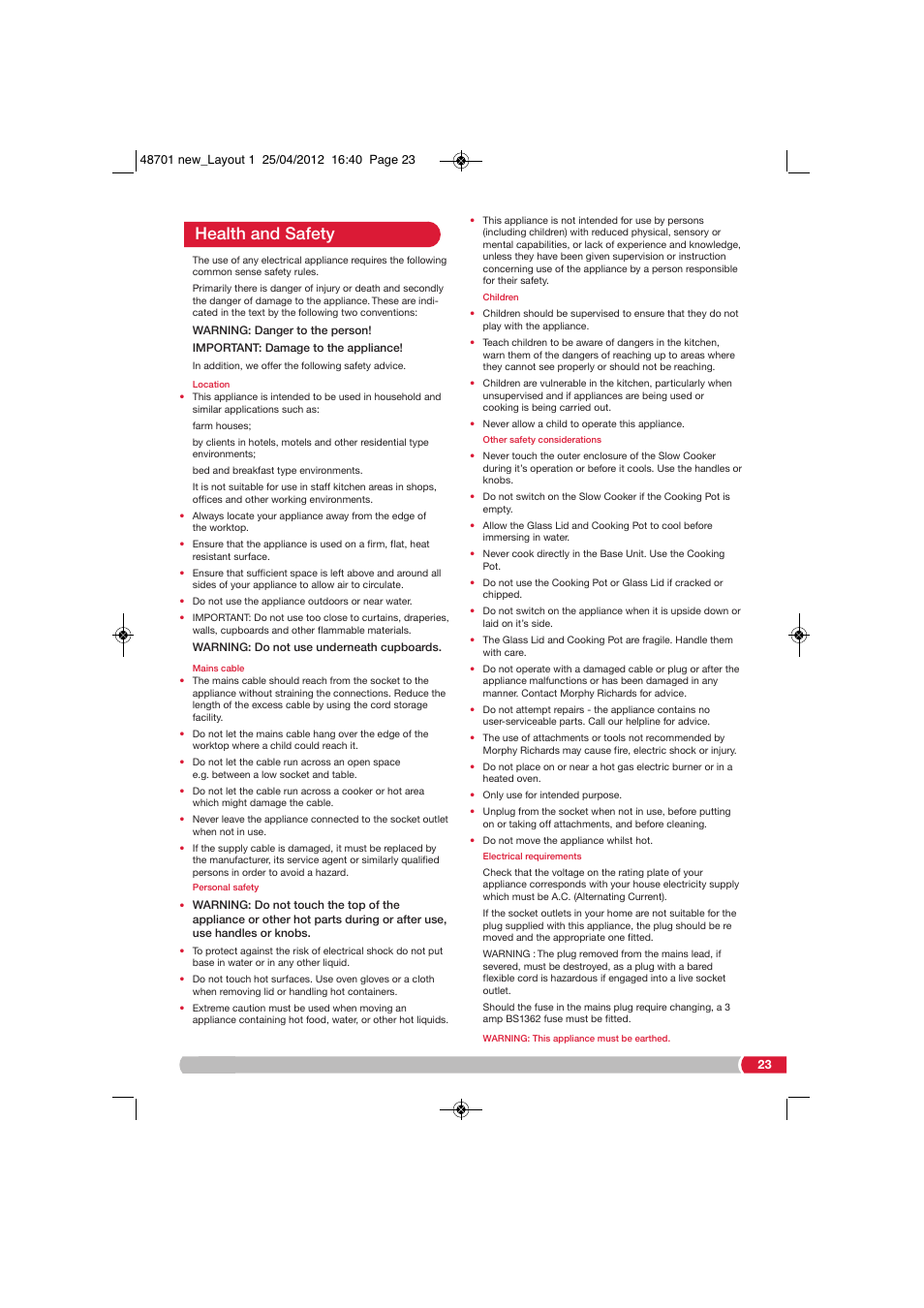 Health and safety | Morphy Richards SC48701 User Manual | Page 23 / 24