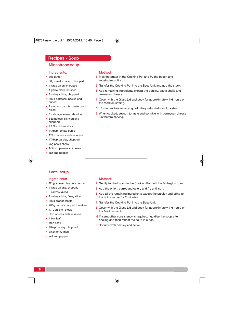 Recipes - soup, Minestrone soup, Lentil soup | Morphy Richards SC48701 User Manual | Page 8 / 24