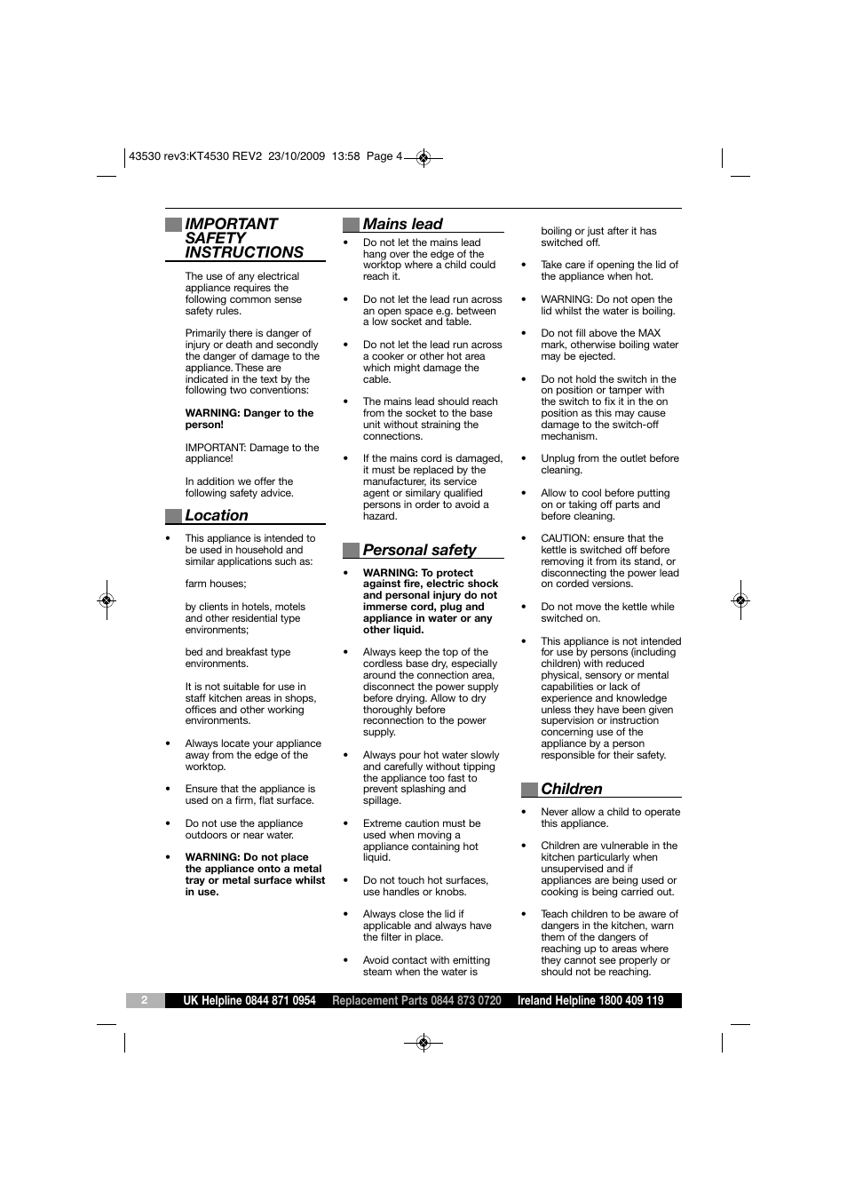 Important safety instructions, Location, Mains lead | Personal safety, Children | Morphy Richards KT43530 User Manual | Page 2 / 6