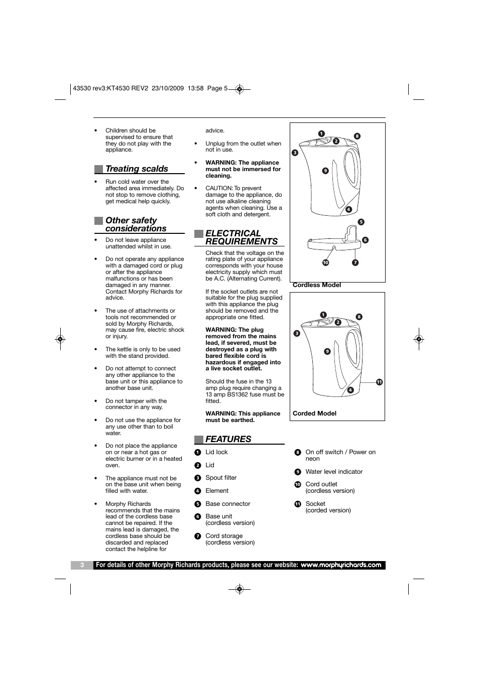 Treating scalds, Other safety considerations, Electrical requirements | Features | Morphy Richards KT43530 User Manual | Page 3 / 6