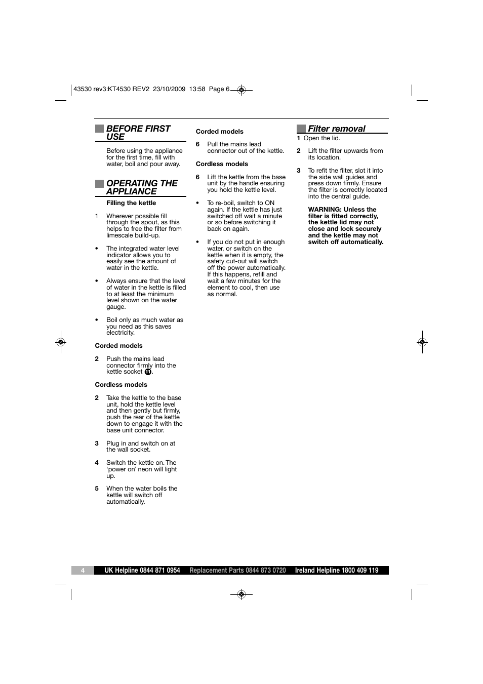 Before first use, Operating the appliance, Filter removal | Morphy Richards KT43530 User Manual | Page 4 / 6