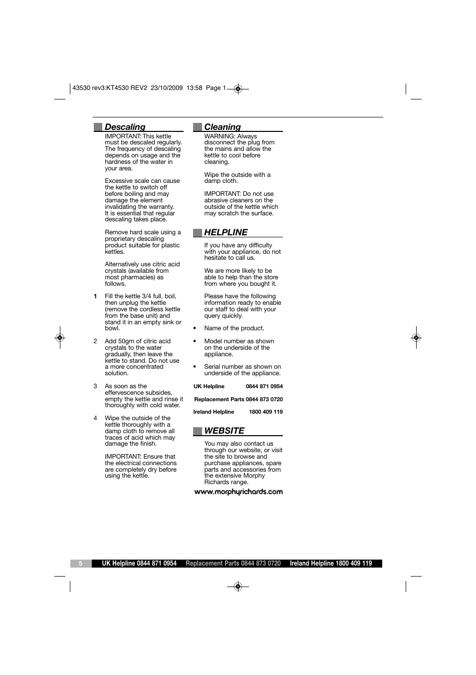 Descaling, Cleaning, Helpline | Website | Morphy Richards KT43530 User Manual | Page 5 / 6