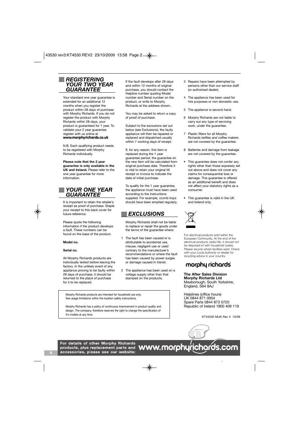 Registering your two year guarantee, Your one year guarantee, Exclusions | Morphy Richards KT43530 User Manual | Page 6 / 6
