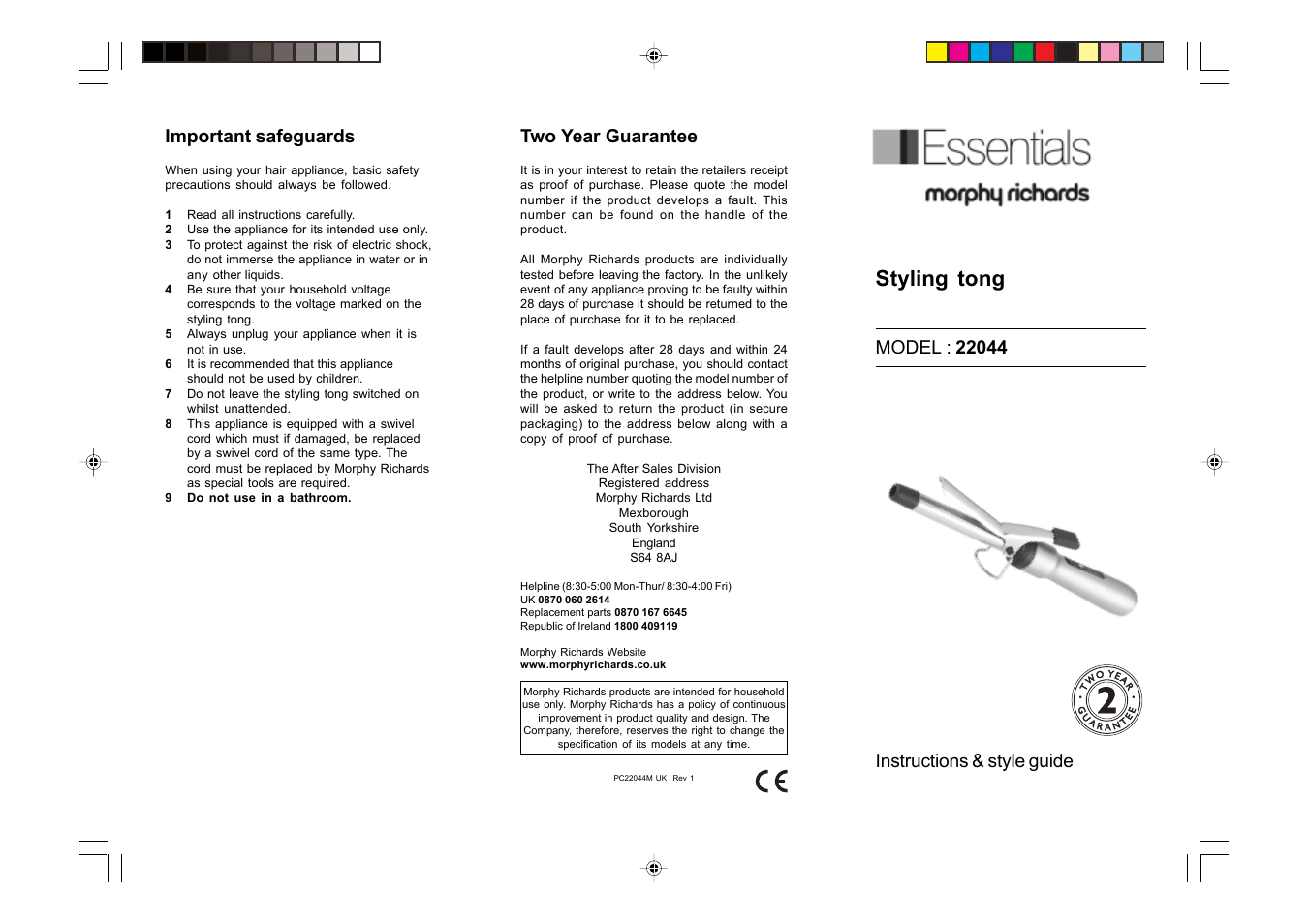 Styling tong, Important safeguards, Two year guarantee | Morphy Richards 22037 User Manual | Page 3 / 6
