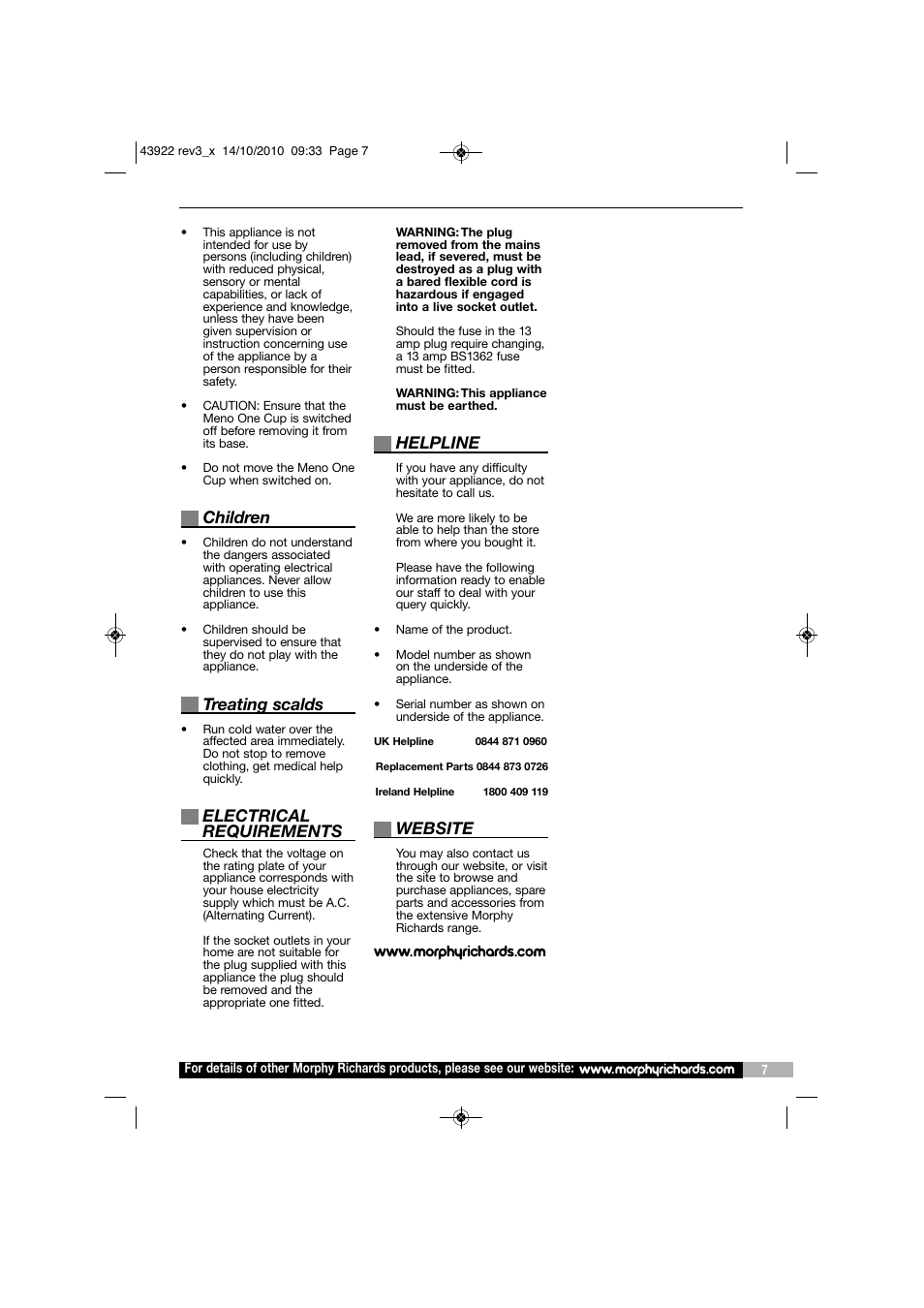 Children, Treating scalds, Electrical requirements | Helpline, Website | Morphy Richards MENO ONE CUP KT43922 User Manual | Page 7 / 8
