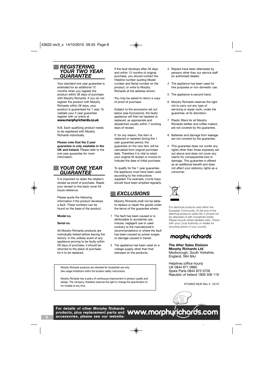 Registering your two year guarantee, Your one year guarantee, Exclusions | Morphy Richards MENO ONE CUP KT43922 User Manual | Page 8 / 8