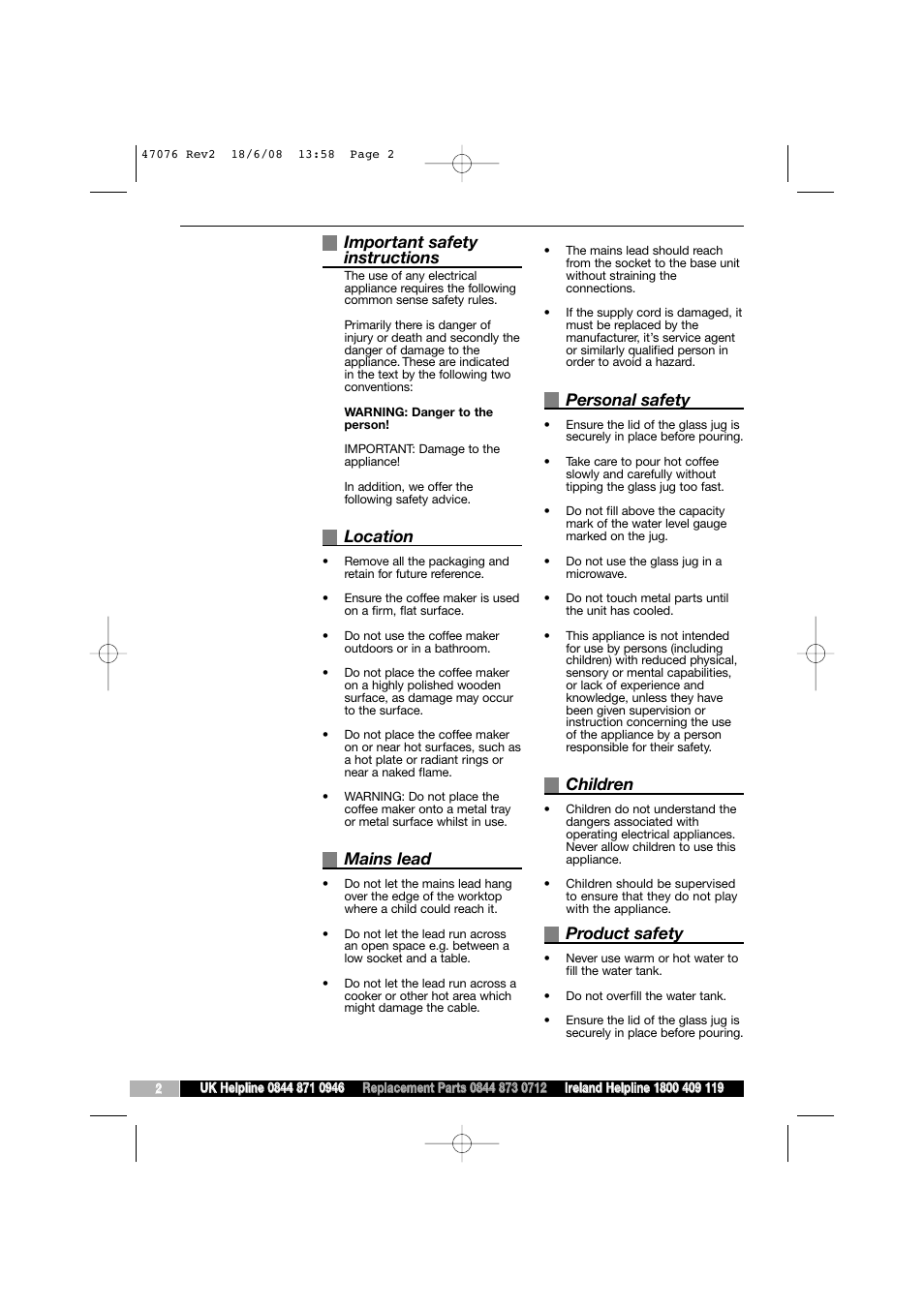 Important safety instructions, Location, Mains lead | Personal safety, Children, Product safety | Morphy Richards 47076 User Manual | Page 2 / 8