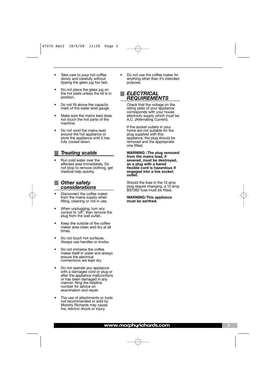Treating scalds, Other safety considerations, Electrical requirements | Morphy Richards 47076 User Manual | Page 3 / 8