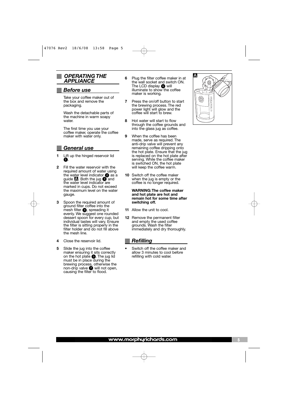 Operating the appliance before use, General use, Refilling | Morphy Richards 47076 User Manual | Page 5 / 8