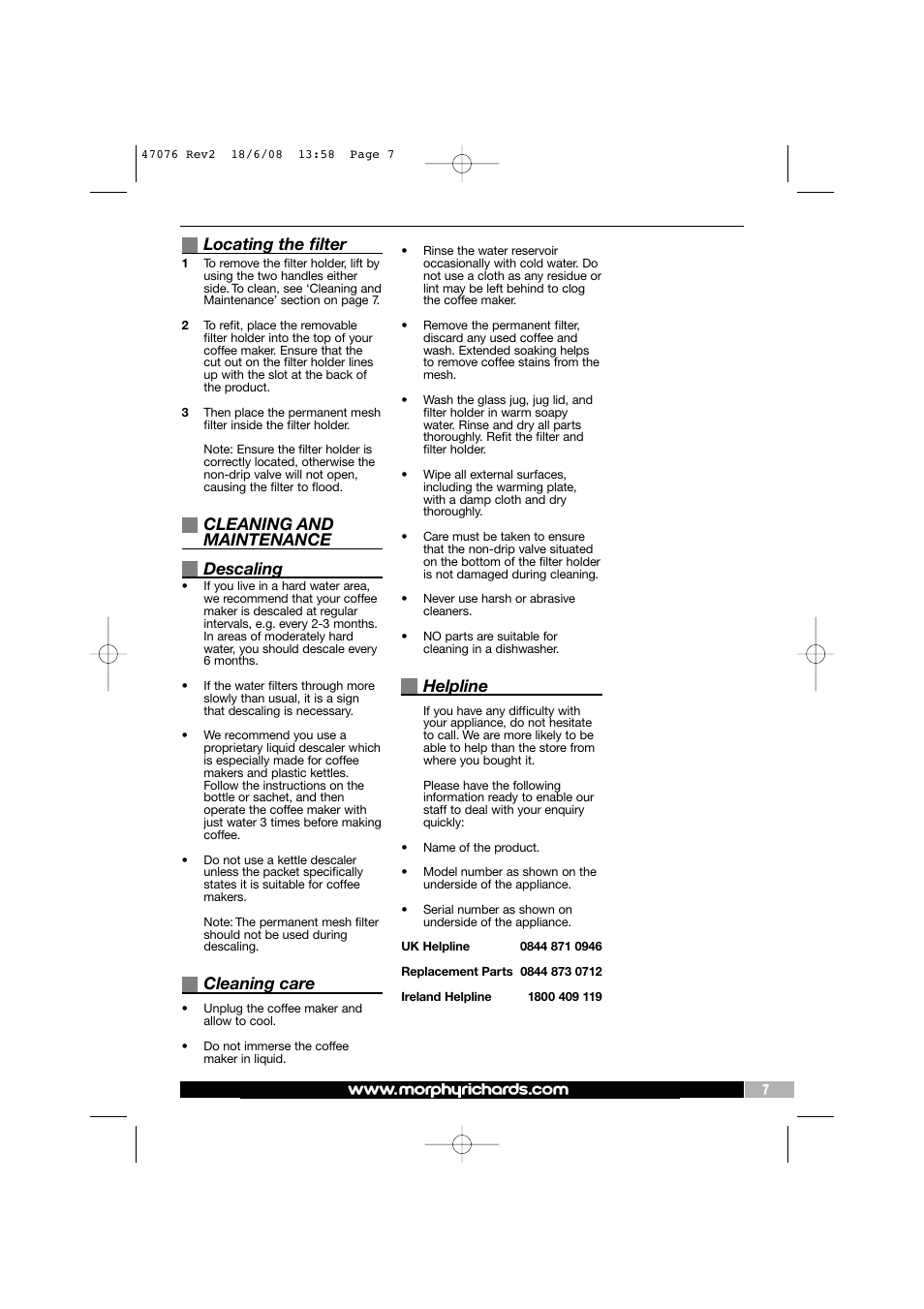 Locating the filter, Cleaning and maintenance descaling, Cleaning care | Helpline | Morphy Richards 47076 User Manual | Page 7 / 8