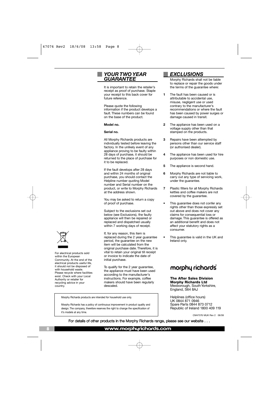 Your two year guarantee, Exclusions | Morphy Richards 47076 User Manual | Page 8 / 8