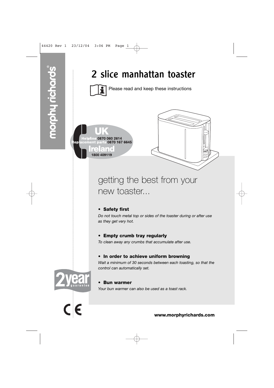 Morphy Richards 2 slice manhattan toaster User Manual | 8 pages
