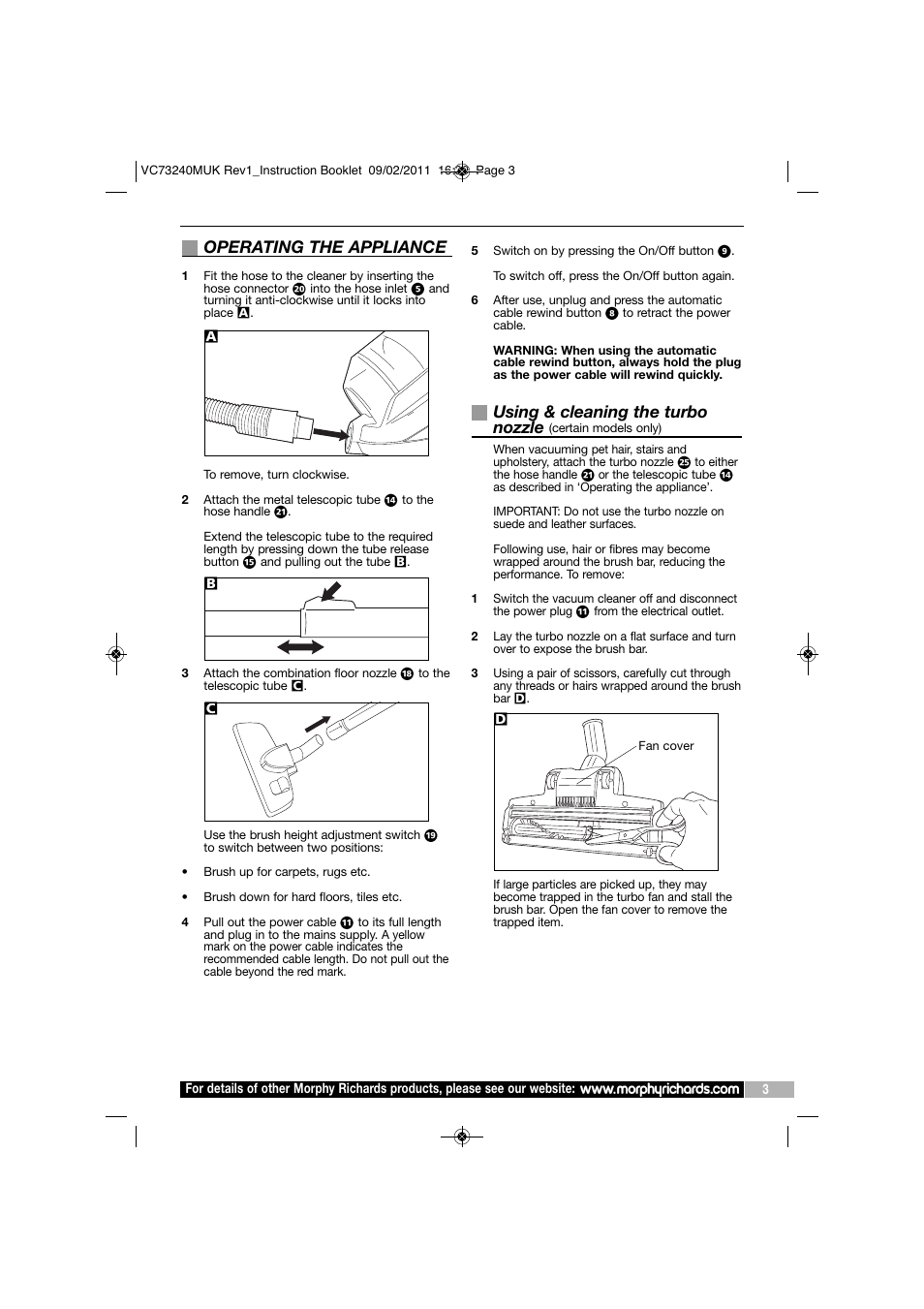 Operating the appliance, Using & cleaning the turbo nozzle | Morphy Richards VC73240 User Manual | Page 3 / 8