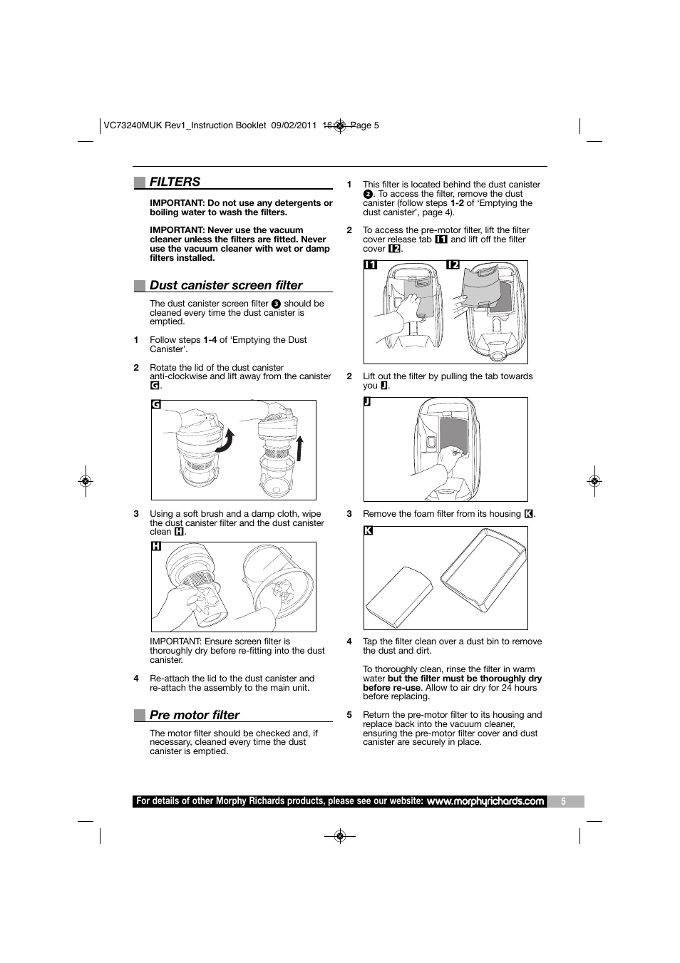 Filters, Dust canister screen filter, Pre motor filter | Morphy Richards VC73240 User Manual | Page 5 / 8