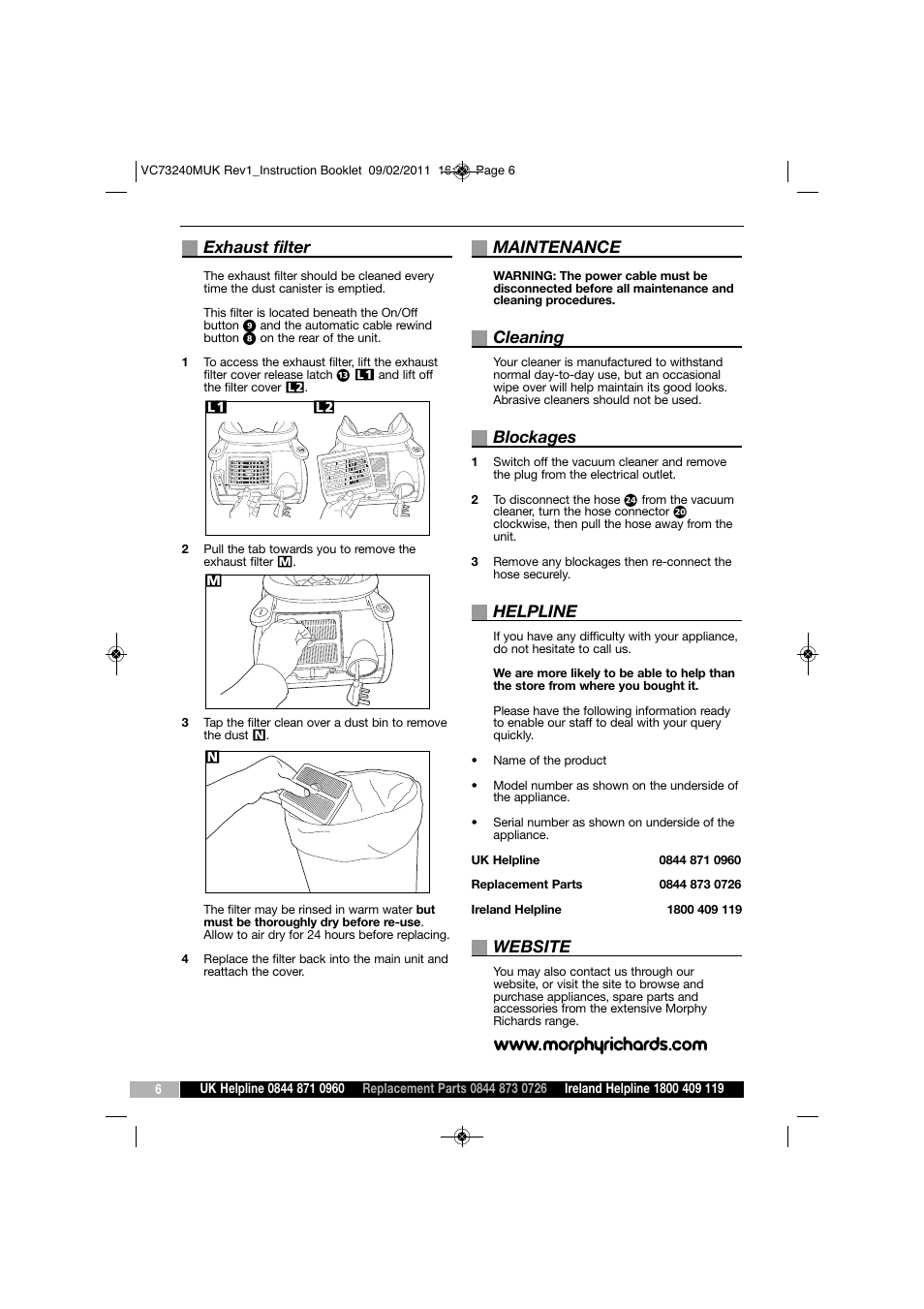 Exhaust filter, Maintenance, Cleaning | Blockages, Helpline, Website | Morphy Richards VC73240 User Manual | Page 6 / 8